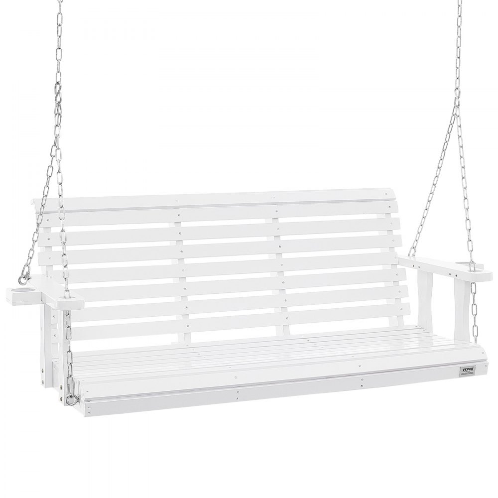 Columpio de porche de madera VEVOR blanco con cadenas, con diseño de respaldo y asiento con listones.