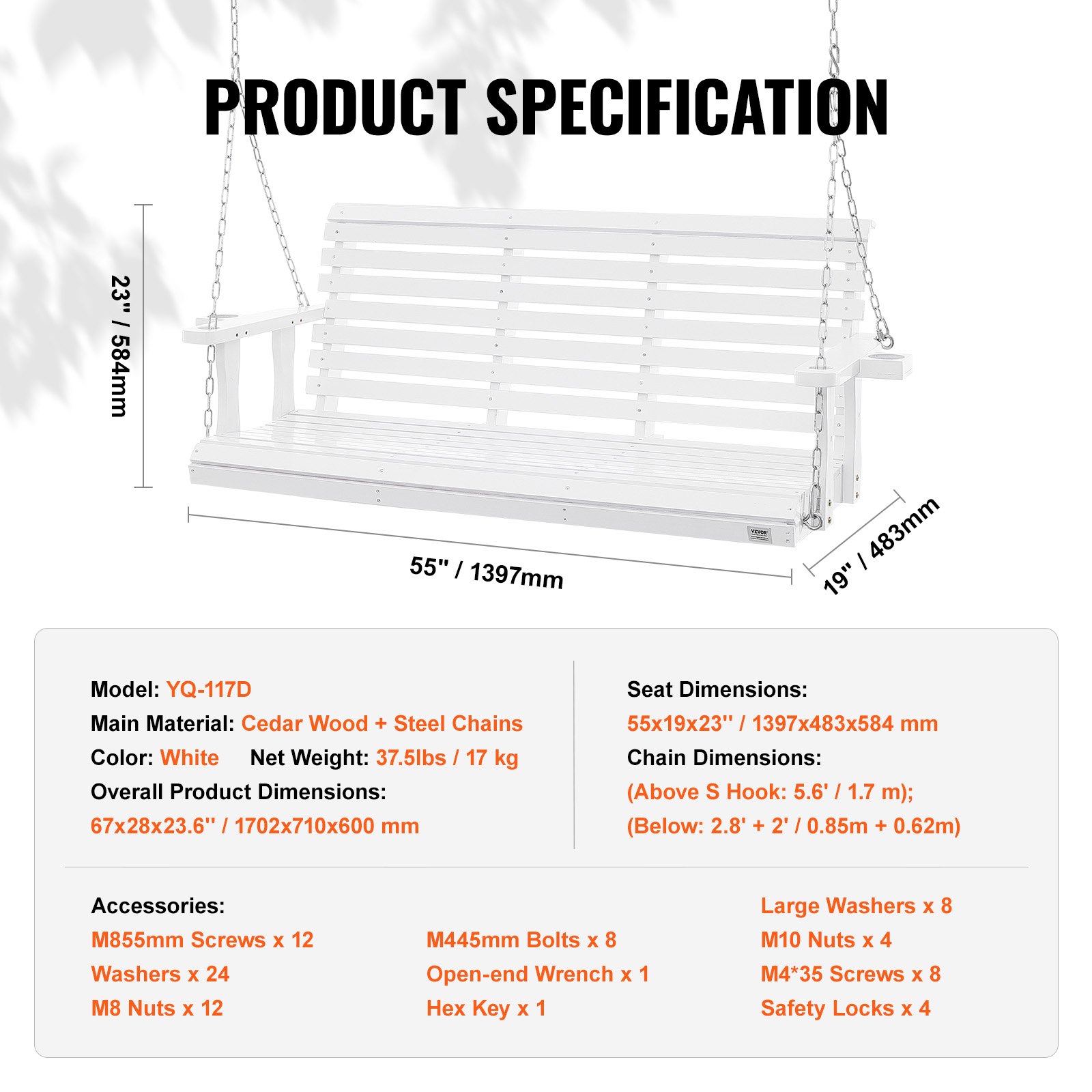 Especificaciones del producto columpio de porche de madera VEVOR con dimensiones, detalles del material y accesorios incluidos.