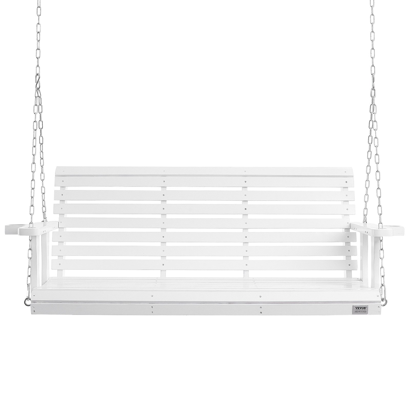 Columpio de porche de madera VEVOR blanco con cadenas y respaldo de listones, vista frontal.