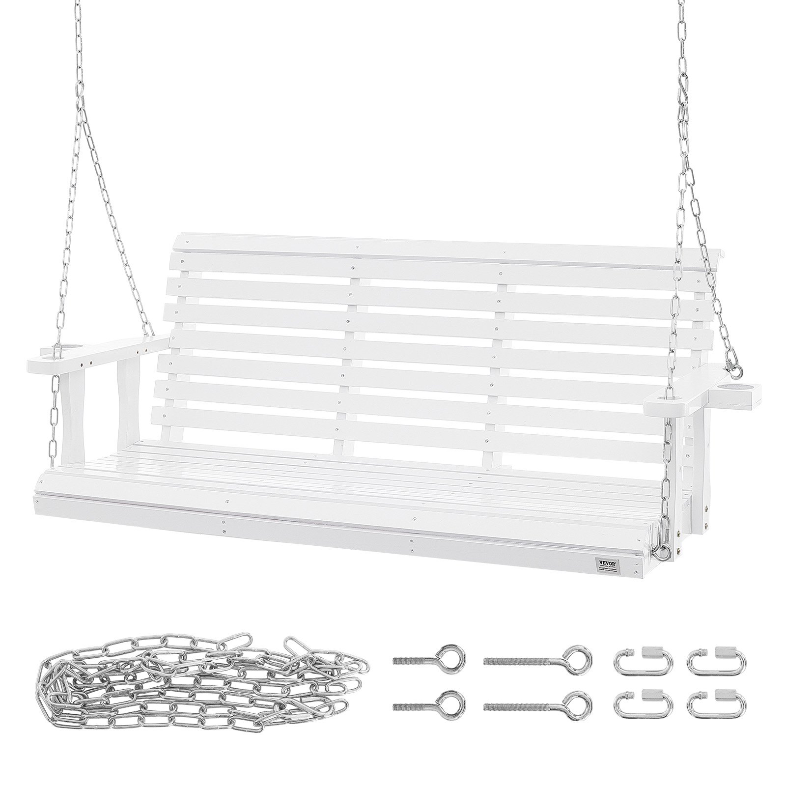 Columpio de porche de madera VEVOR en color blanco con diseño de listones, cadenas para colgar y herrajes de instalación incluidos.