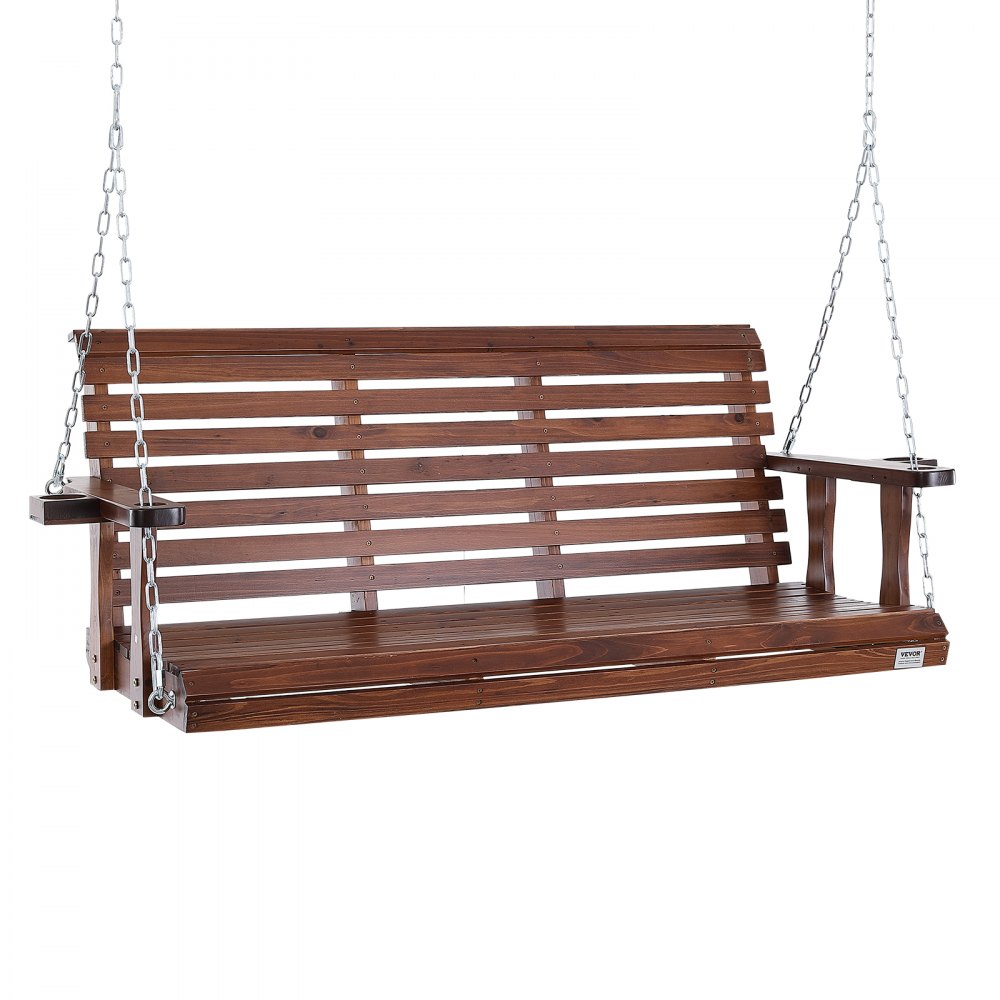 Columpio de porche de madera VEVOR con respaldo de listones, reposabrazos y cadenas de metal que cuelgan desde arriba.