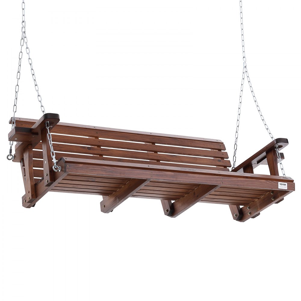 Columpio de porche de madera VEVOR con cadenas, listones de madera y reposabrazos, flotando sobre un fondo blanco.