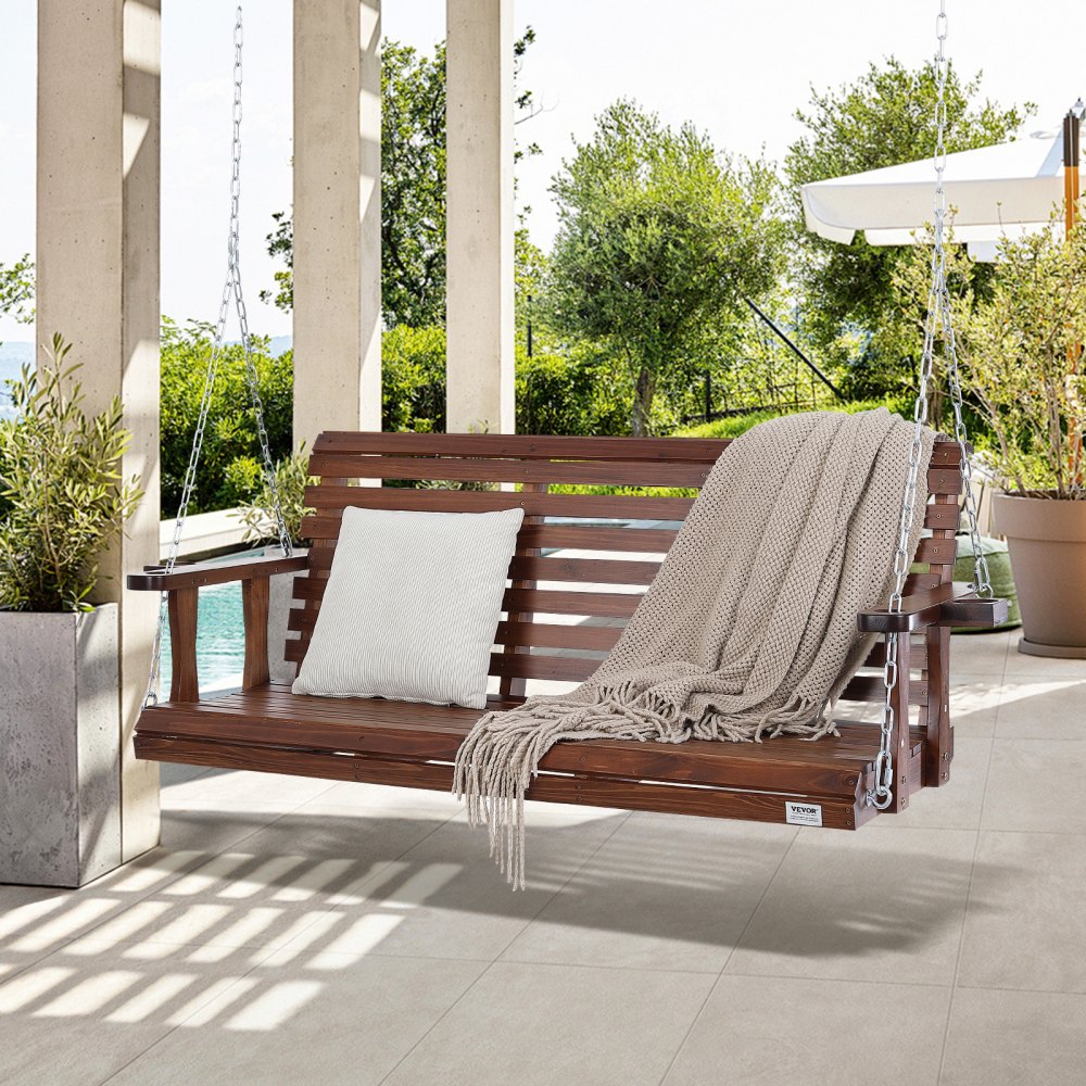 VEVOR Columpio de madera para porche de 1,6 m, banco de patio para jardín, capacidad de carga mejorada de 400 kg, banco de columpio resistente con cadenas colgantes para exteriores, color marrón