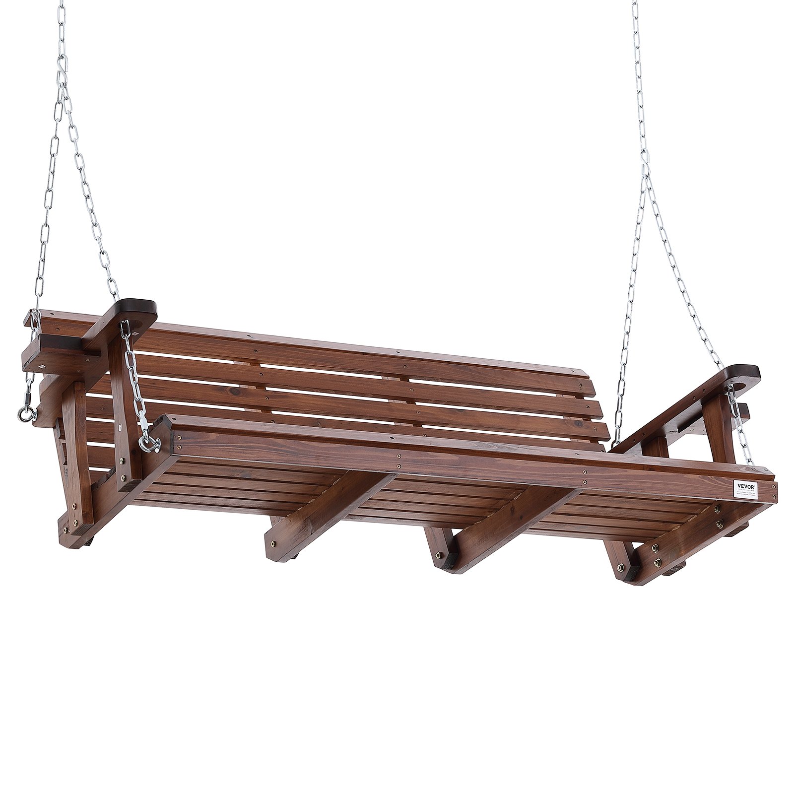 Columpio de porche de madera VEVOR con cadenas, listones de madera y reposabrazos, flotando sobre un fondo blanco.