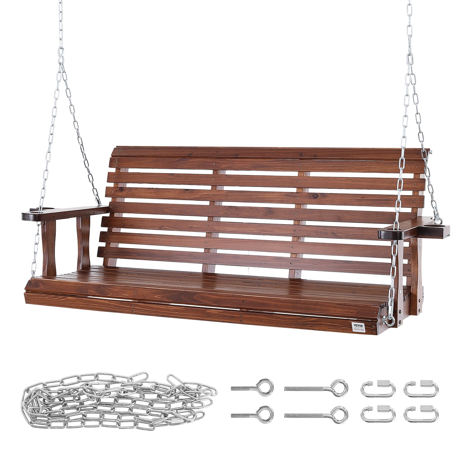 Columpio de porche de madera VEVOR con cadenas y sujetadores de metal, que muestra un diseño de listones de madera resistente.