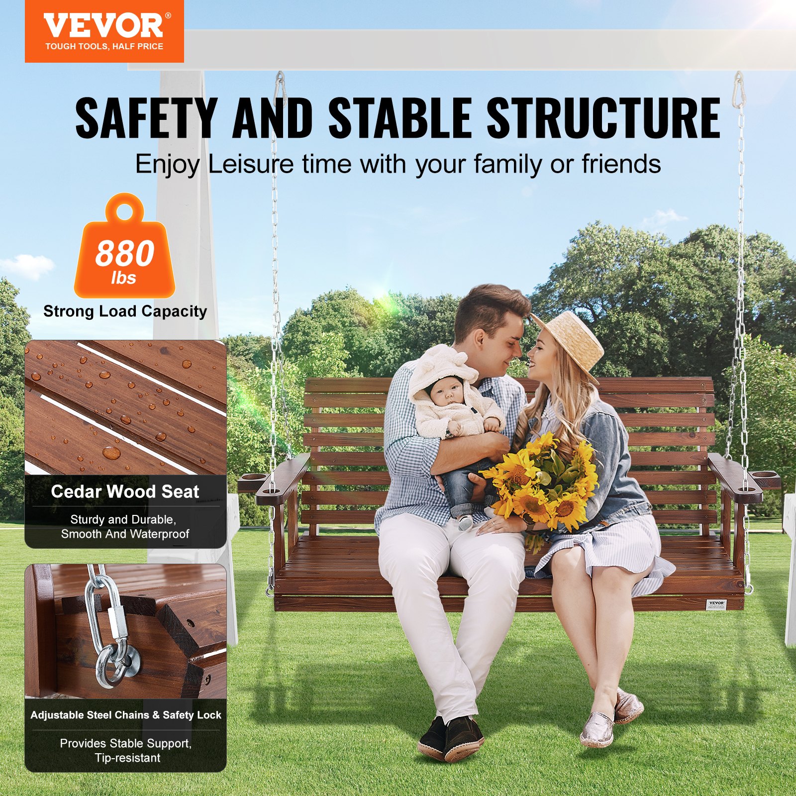 VEVOR Columpio de madera para porche de 1,6 m, banco de patio para jardín, capacidad de carga mejorada de 400 kg, banco de columpio resistente con cadenas colgantes para exteriores, color marrón