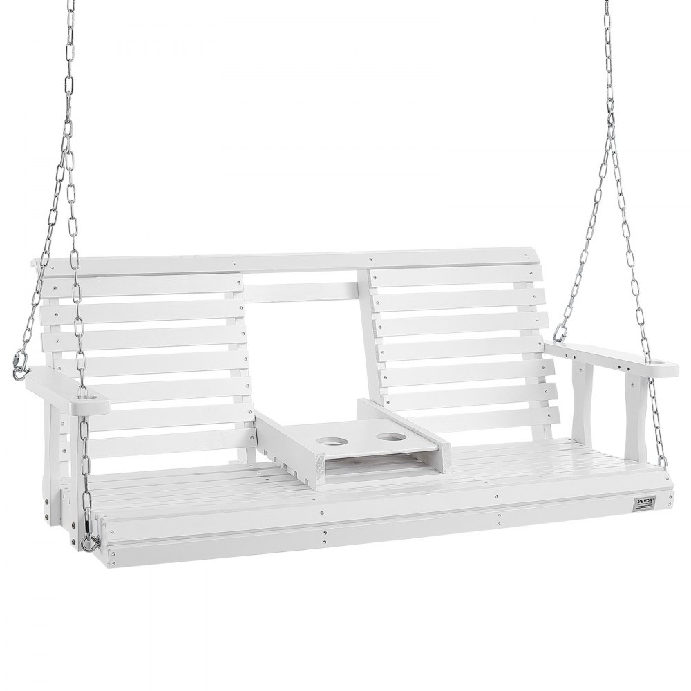 Columpio de porche de madera VEVOR blanco con portavasos, cadenas y respaldo de listones para sentarse al aire libre.