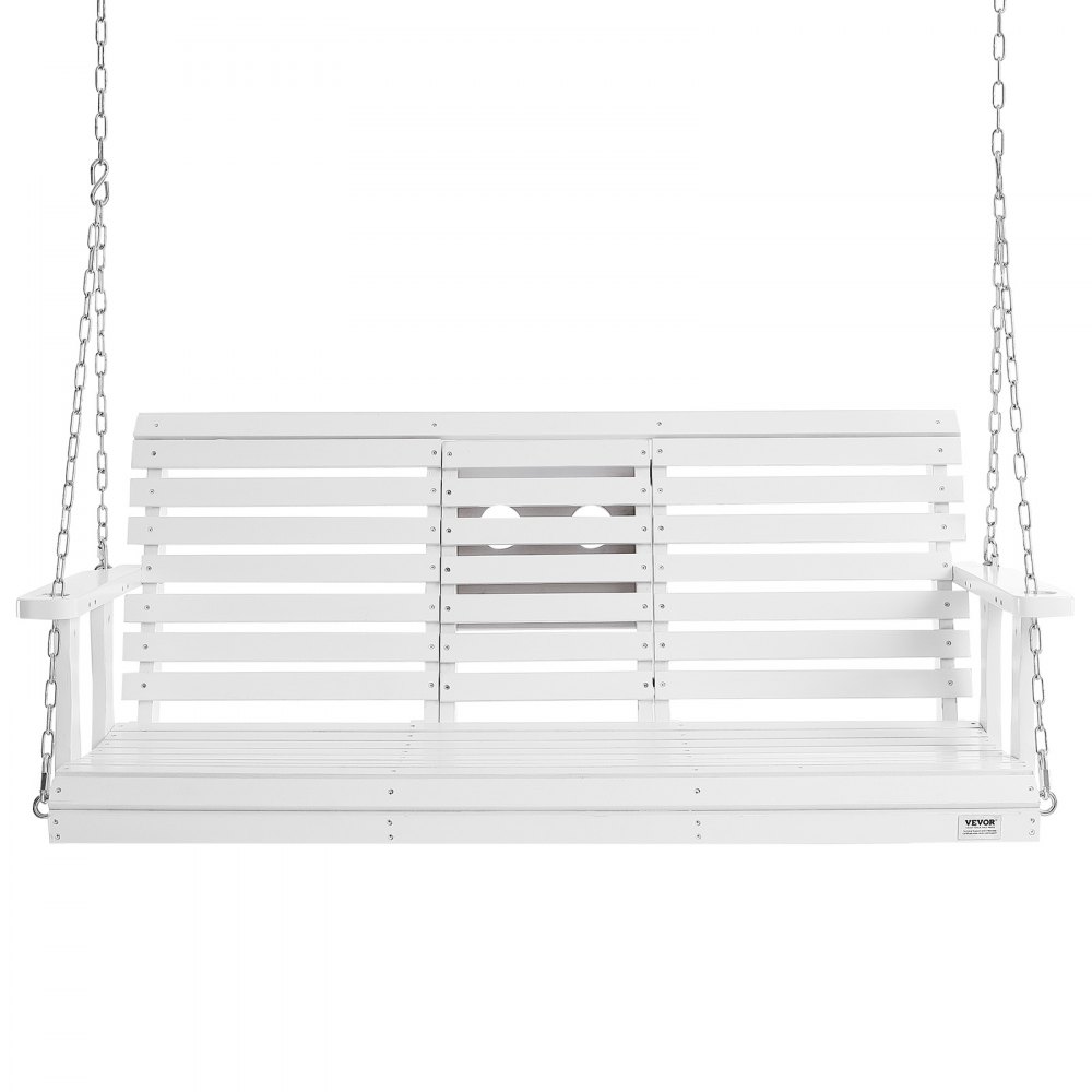 Columpio de porche de madera VEVOR blanco con cadenas y respaldo de listones.