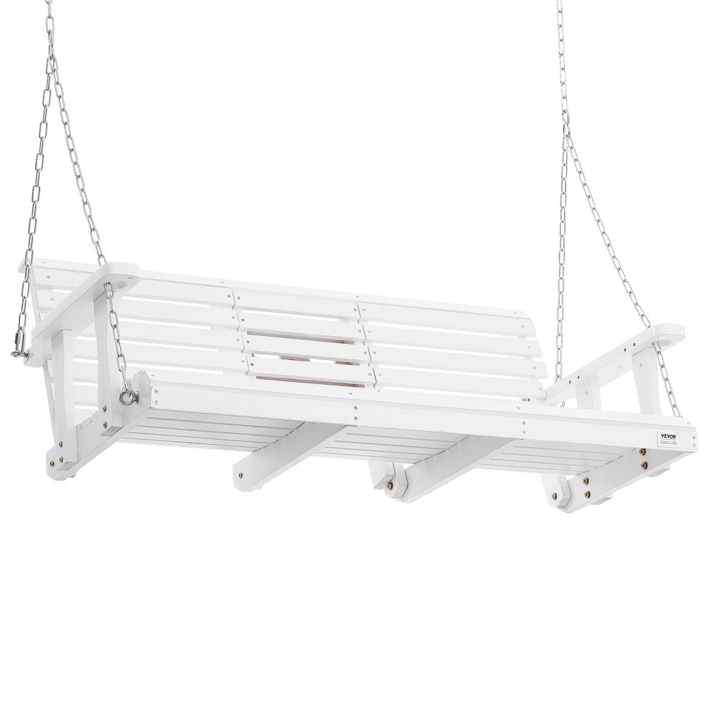 Columpio de porche de madera VEVOR blanco con cadenas y respaldo de listones, perfecto para sentarse al aire libre.