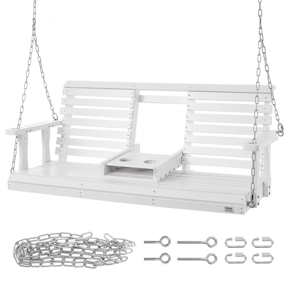 Columpio de porche de madera VEVOR blanco con cadenas y portavasos.