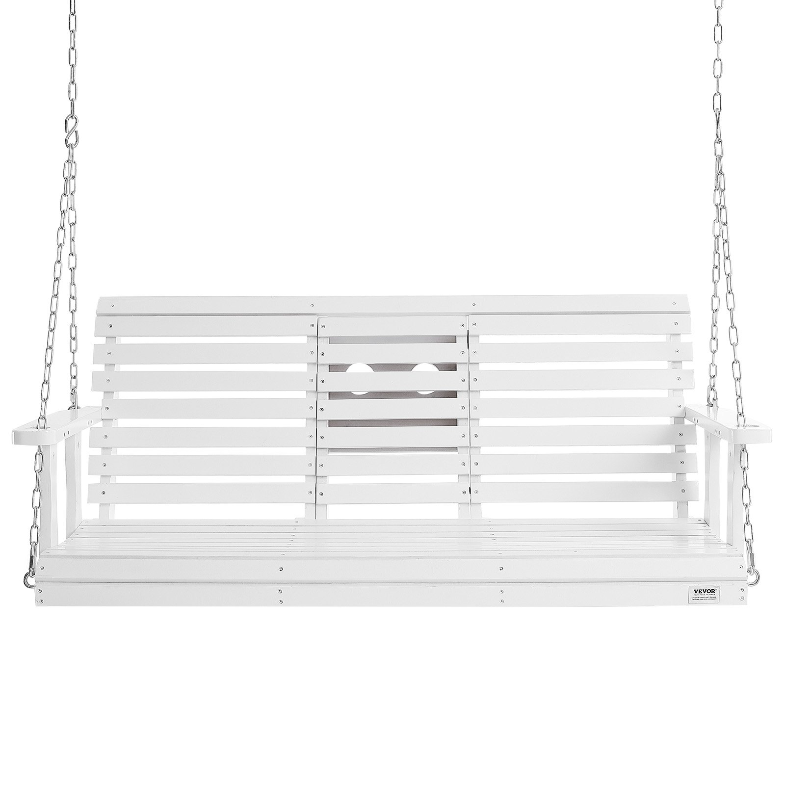 Columpio de porche de madera VEVOR blanco con cadenas y respaldo de listones.