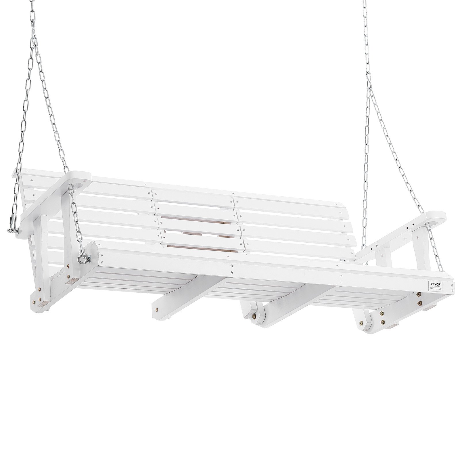 Columpio de porche de madera VEVOR blanco con cadenas y respaldo de listones, perfecto para sentarse al aire libre.