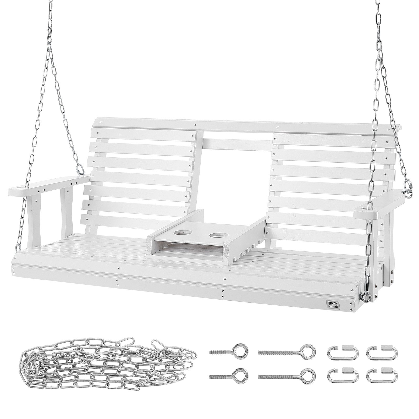Columpio de porche de madera VEVOR blanco con cadenas y portavasos.