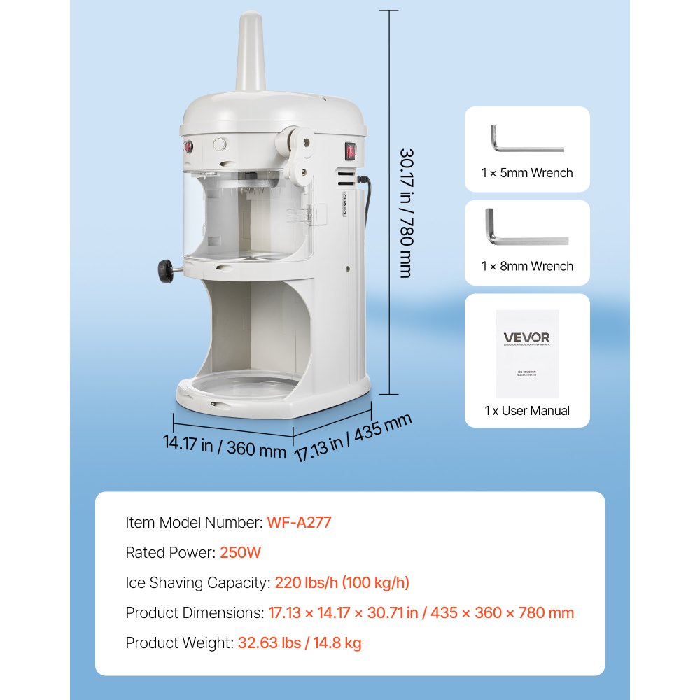 Trituradora de hielo comercial VEVOR, máquina eléctrica para hielo picado y conos de nieve de 220 lb/h, 250 W, 1500 RPM, de sobremesa, para fiestas, eventos, bares, uso doméstico y comercial (blanca).