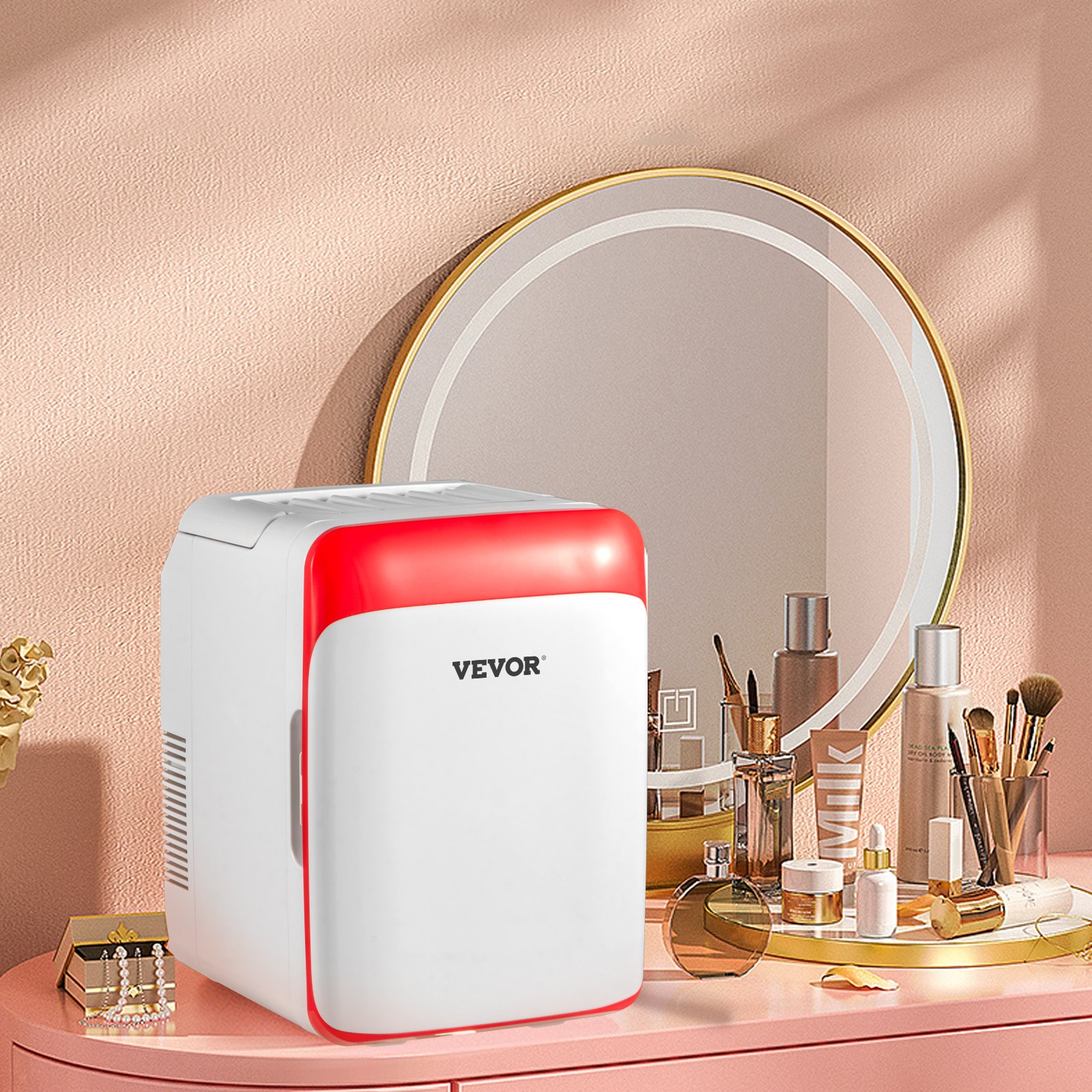 Tuspuzz 10L Mini Nevera Pequeña Portátil 26,5 x 25 x 35 cm Mini Refrigerador 220 V/12 V 48 W Mini-Frigorífico Portátil Rosa con Función de Frío y Calor para Maquillaje Cuidado la Piel Material ABS