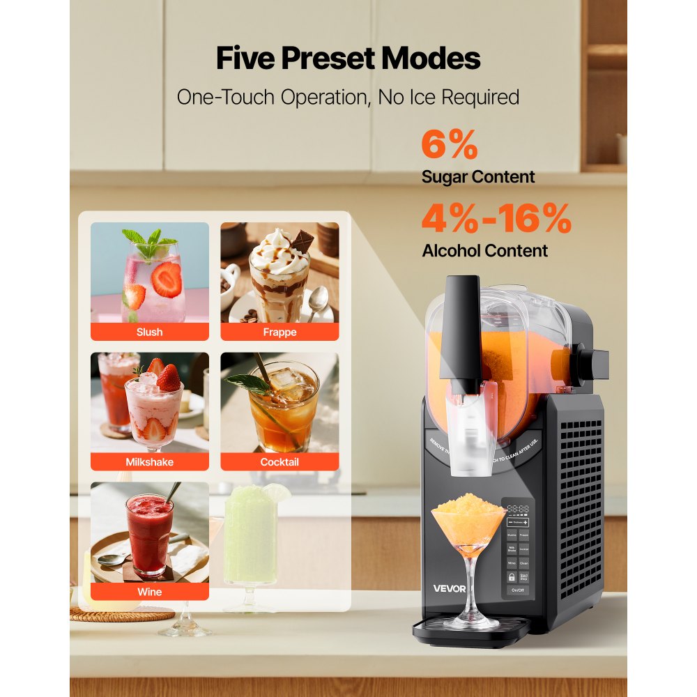 Máquina de granizados VEVOR, 2,6 l/88 oz, sin necesidad de hielo, para el hogar, con 5 programas preestablecidos, autolimpiable, para margaritas congeladas, frappés, batidos y más.
