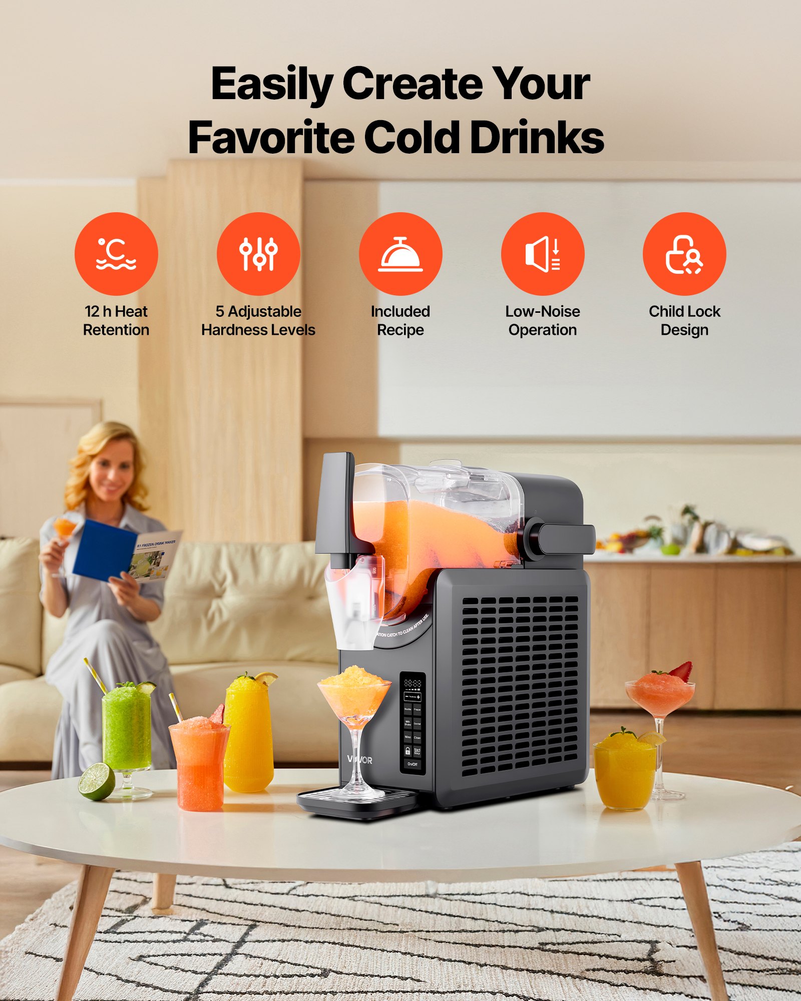 Máquina de granizados VEVOR, 2,6 l/88 oz, sin necesidad de hielo, para el hogar, con 5 programas preestablecidos, autolimpiable, para margaritas congeladas, frappés, batidos y más.