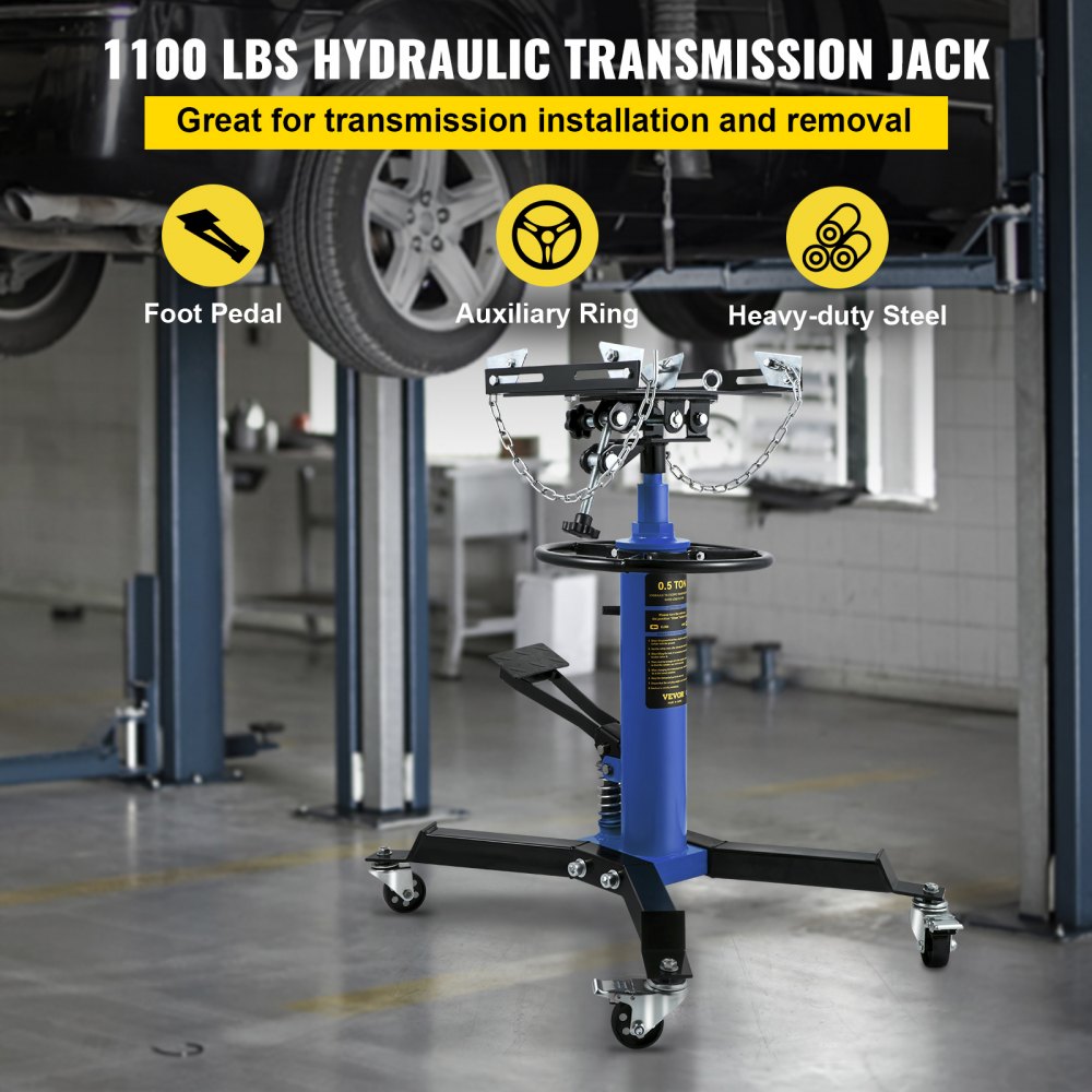 Gato de transmisión VEVOR, capacidad hidráulica de 1100 lbs, pedal, anillo auxiliar, acero resistente.