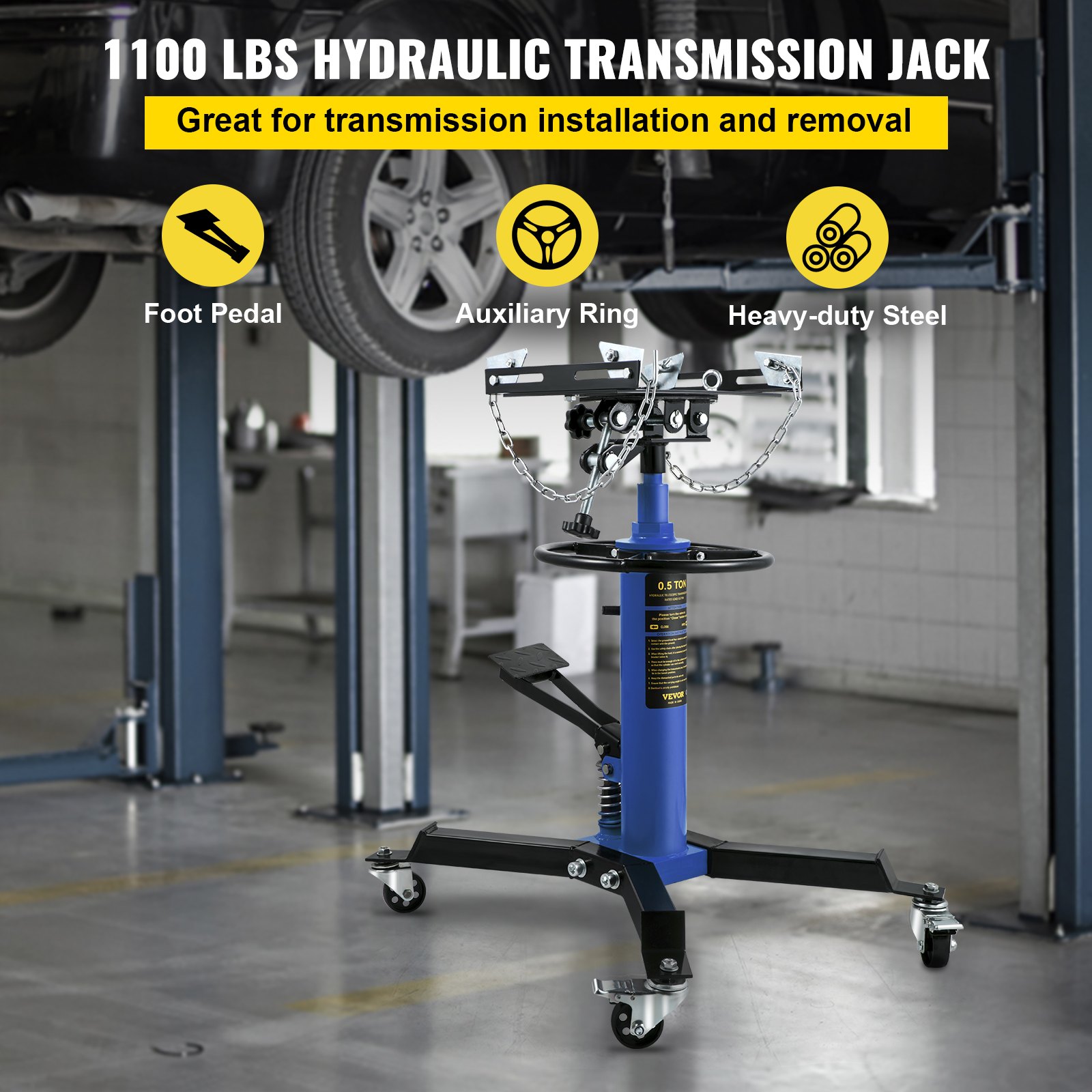 Gato de transmisión VEVOR, capacidad hidráulica de 1100 lbs, pedal, anillo auxiliar, acero resistente.