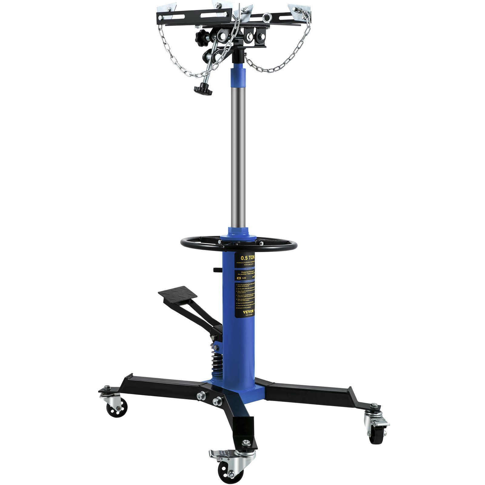 Gato de transmisión VEVOR azul con altura ajustable, ruedas giratorias y cadenas de seguridad.