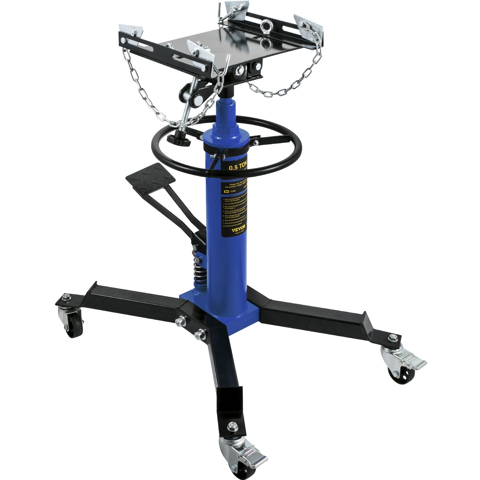 Gato de transmisión VEVOR con base hidráulica azul, plataforma negra, cadenas y ruedas giratorias.