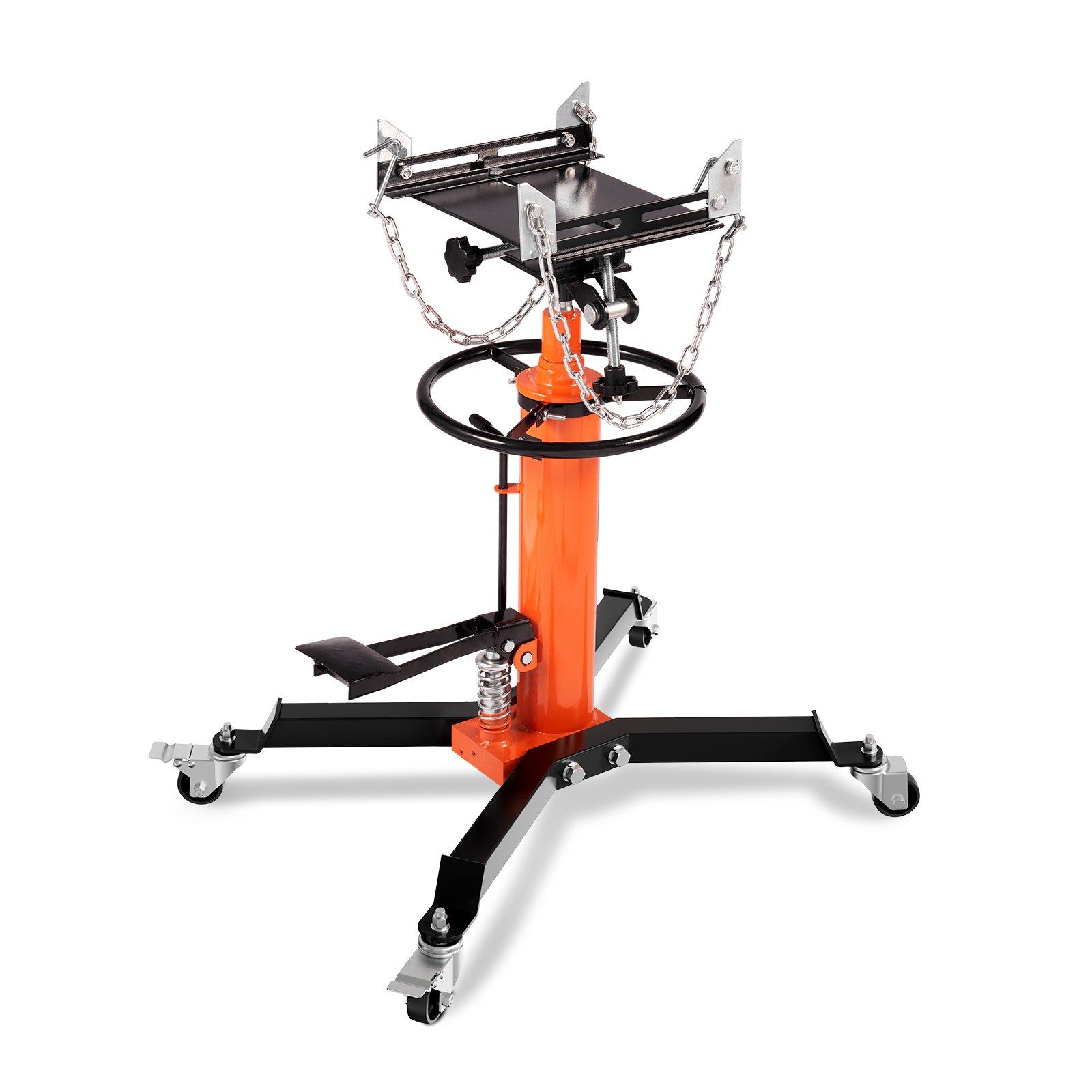 Gato de transmisión hidráulica VEVOR naranja con ruedas giratorias, pedal y cadenas de seguridad.
