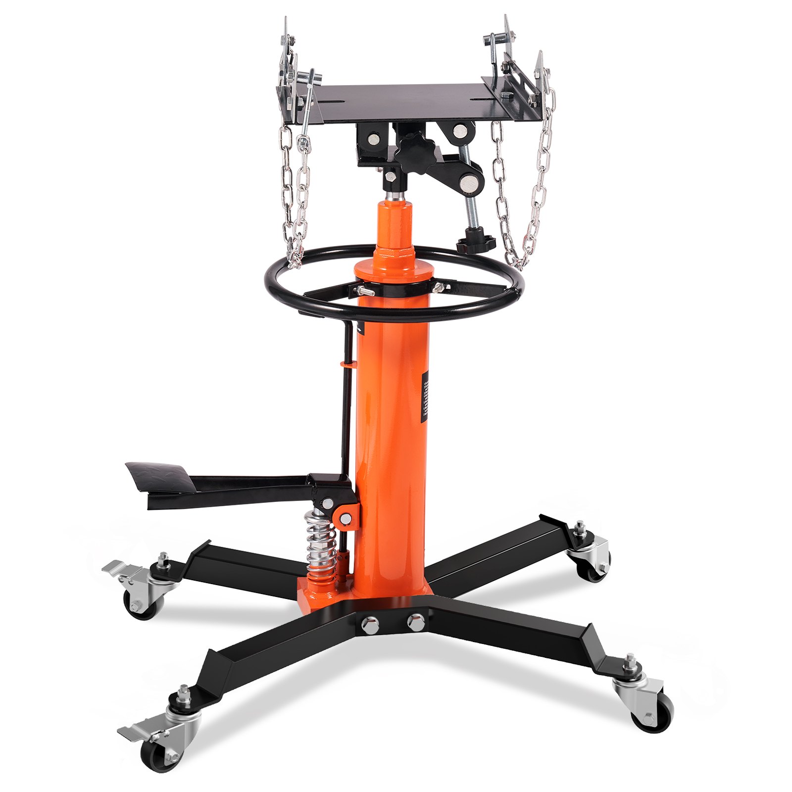 Gato de transmisión hidráulica VEVOR naranja y negro con cadenas, base ajustable y ruedas giratorias.