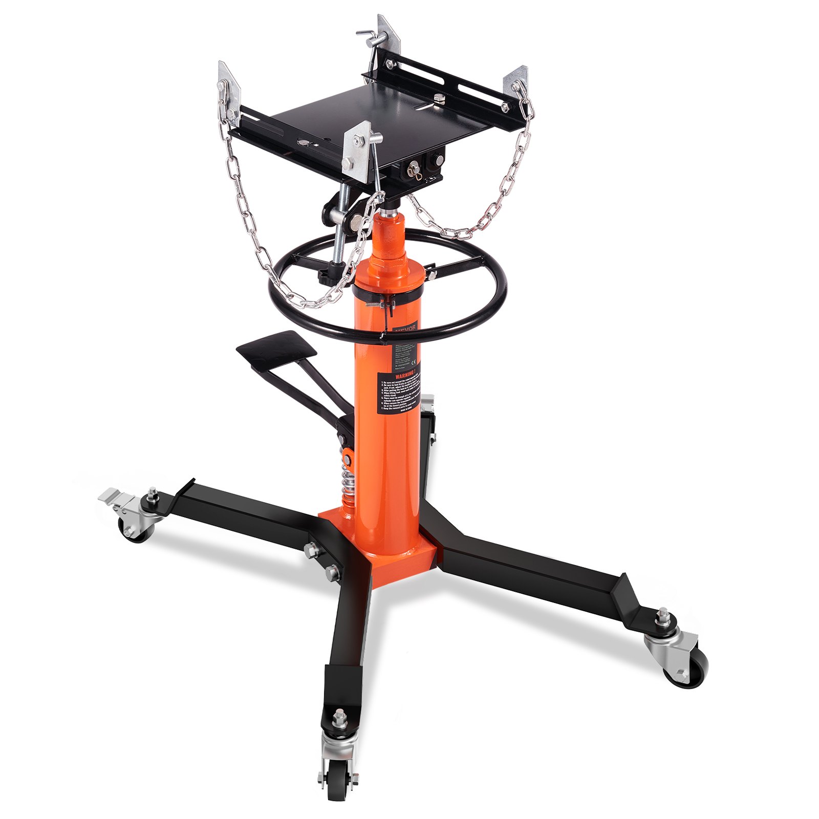 Gato de transmisión hidráulica VEVOR naranja con asiento ajustable, cadenas de seguridad y ruedas giratorias.