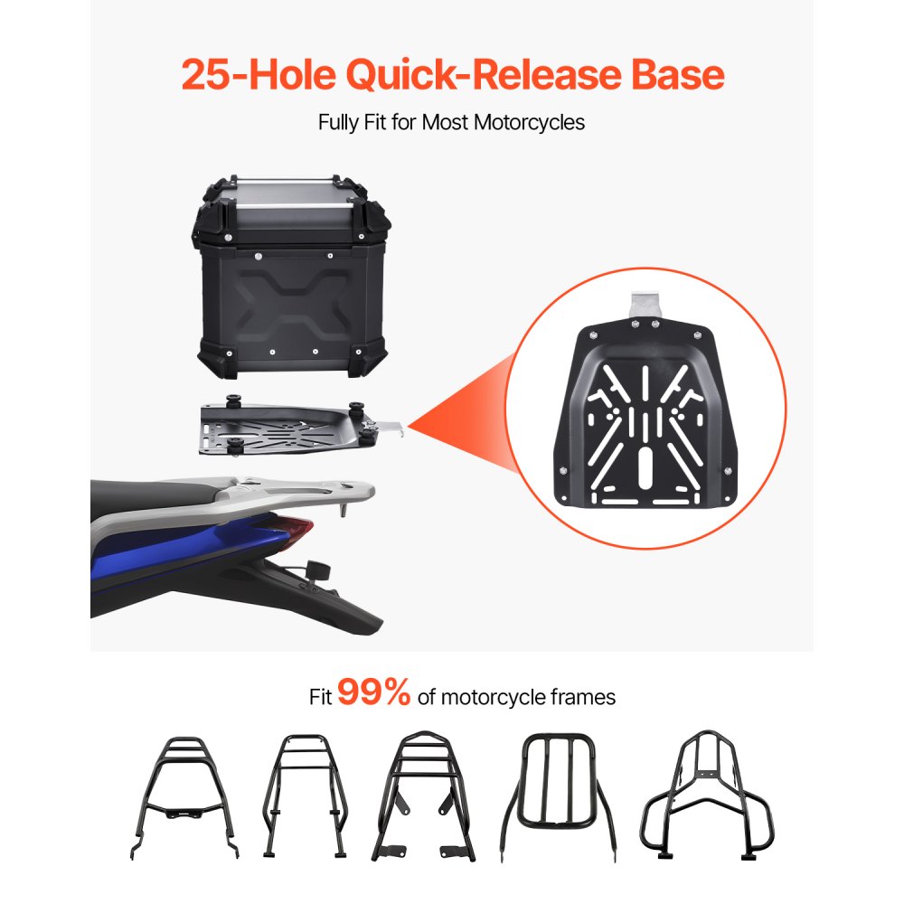 Baúl superior para motocicleta VEVOR, universal, de aleación de aluminio con forro de cuero, 55 l, impermeable, desmontable, con cerradura y respaldo acolchado, compatible con el 99 % de los modelos de motocicleta.