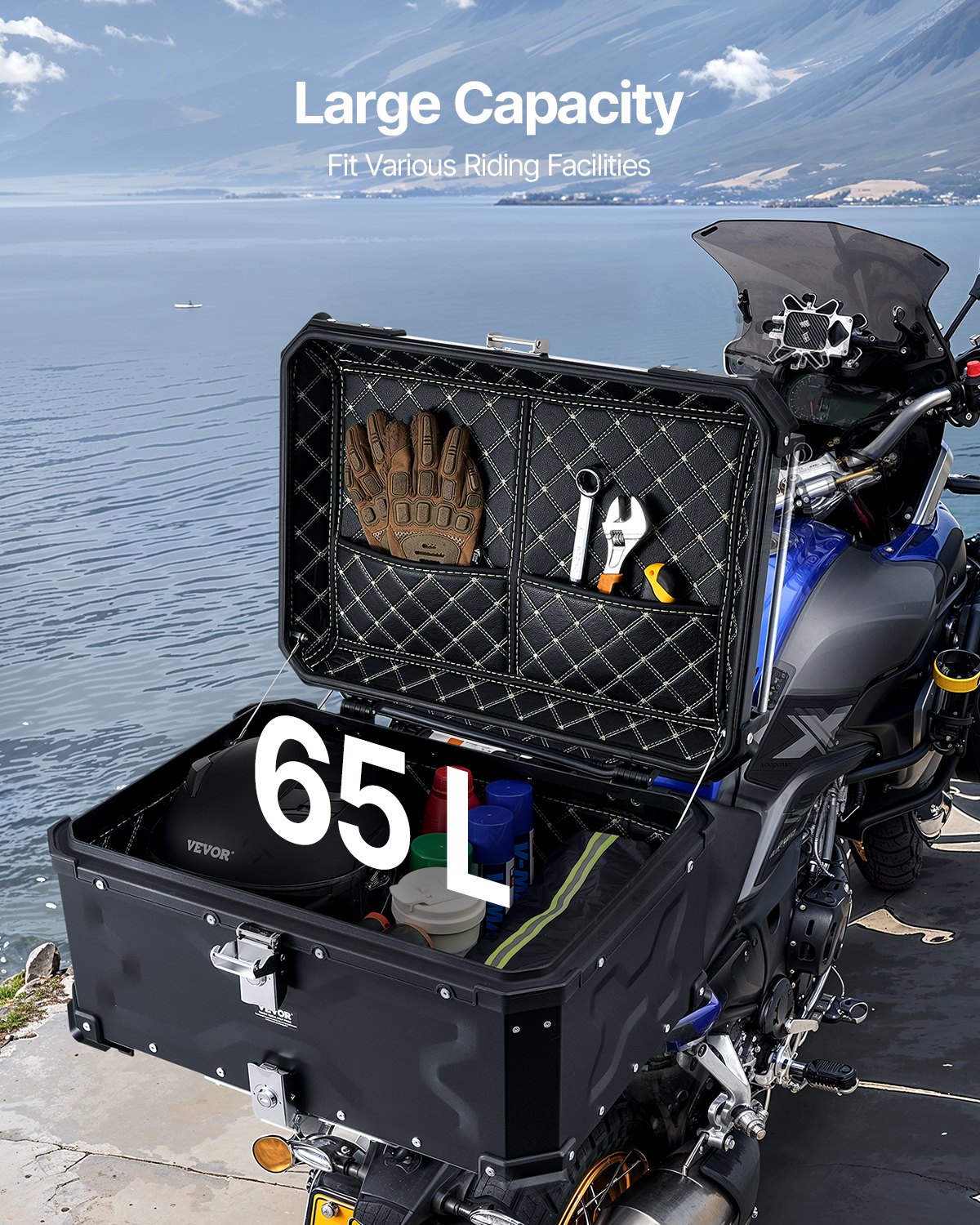 Baúl superior universal para motocicleta de 65 l con revestimiento de cuero