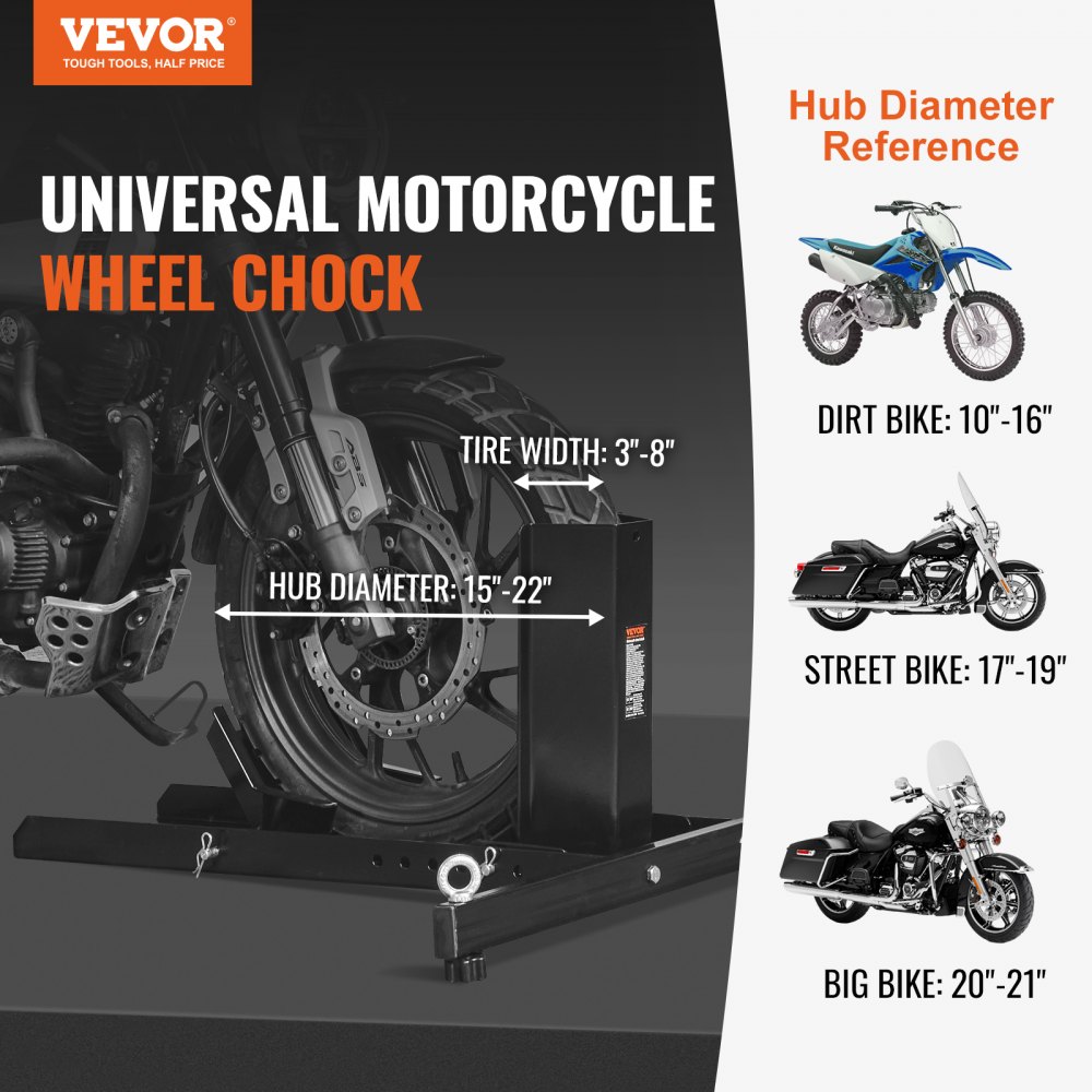 VEVOR Calzo para rueda de motocicleta vertical, capacidad de 1800 libras, soporte para rueda delantera de motocicleta de acero resistente con 6 orificios ajustables, para motocicletas todoterreno de 15 a 22 pulgadas, motocicletas estándar
