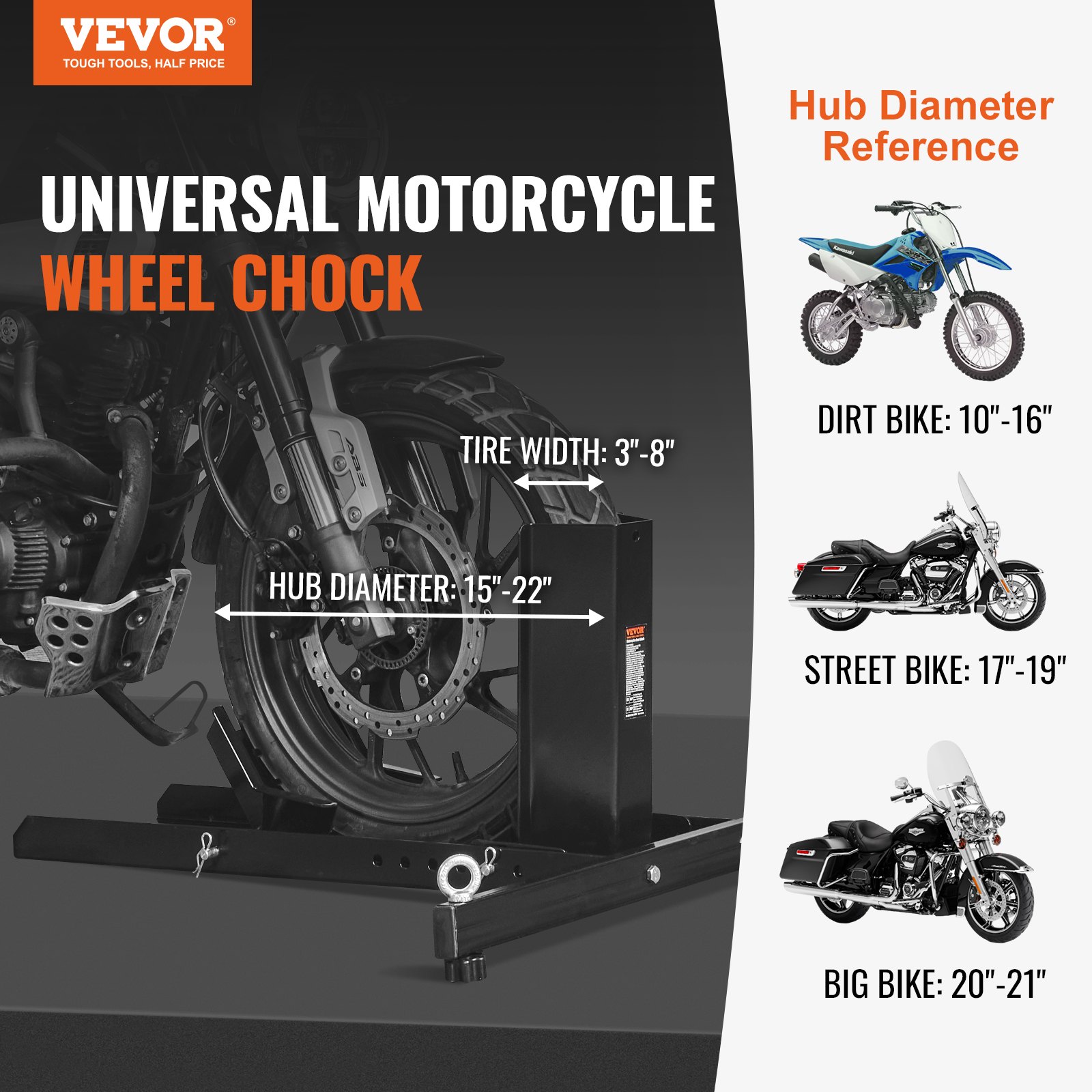 VEVOR Calzo para rueda de motocicleta vertical, capacidad de 1800 libras, soporte para rueda delantera de motocicleta de acero resistente con 6 orificios ajustables, para motocicletas todoterreno de 15 a 22 pulgadas, motocicletas estándar