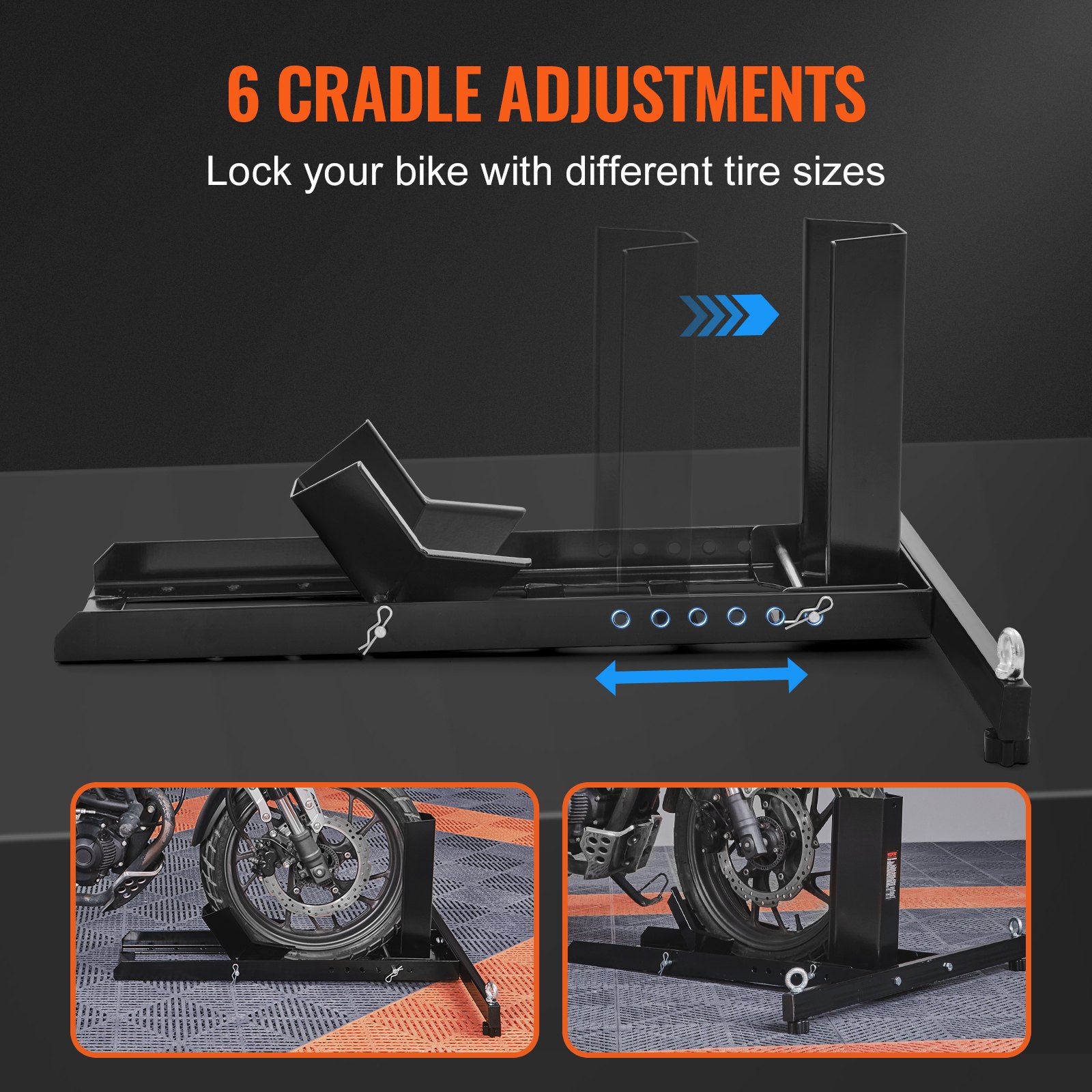 VEVOR Calzo para rueda de motocicleta vertical, capacidad de 1800 libras, soporte para rueda delantera de motocicleta de acero resistente con 6 orificios ajustables, para motocicletas todoterreno de 15 a 22 pulgadas, motocicletas estándar
