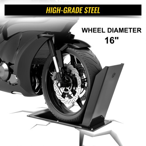 Calzo de rueda empotrado VEVOR, soporte de rueda resistente de 1200 libras, calzo delantero de motocicleta negro para ruedas de 16 pulgadas, soporte de remolque de acero de alta calidad, con diseño de ahorro de espacio y agujeros preperforados (pequeño-16 pulgadas)