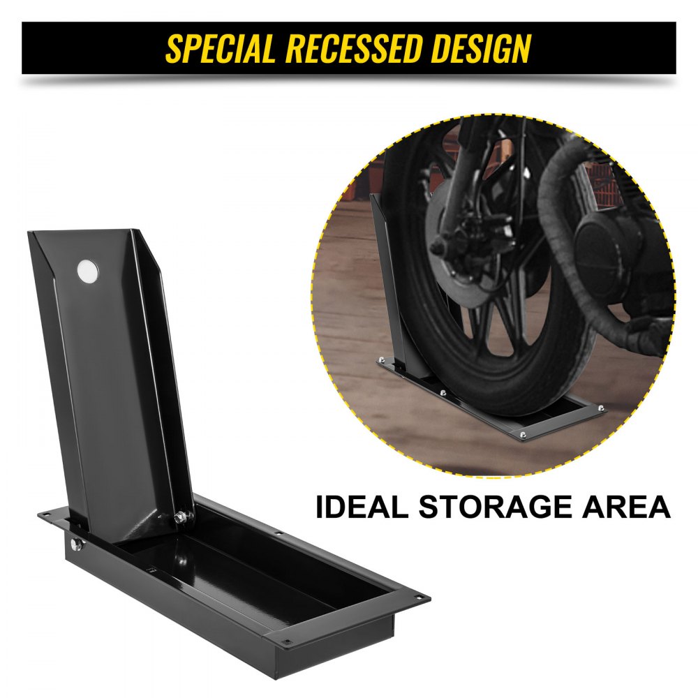 Calzo de rueda empotrado VEVOR, soporte de rueda resistente de 1200 libras, calzo delantero de motocicleta negro para ruedas de 16 pulgadas, soporte de remolque de acero de alta calidad, con diseño de ahorro de espacio y agujeros preperforados (pequeño-16 pulgadas)