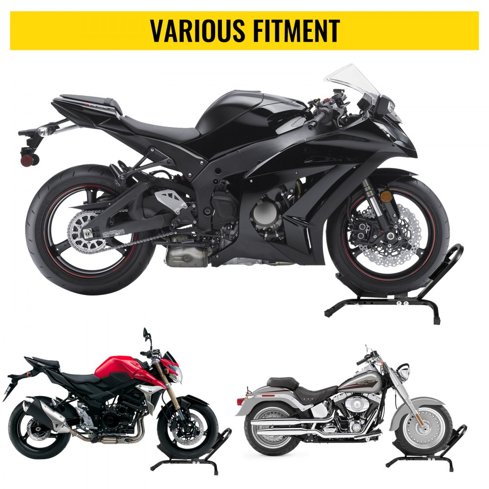Calzo para llanta delantera de motocicleta VEVOR, soporte para rueda resistente de 1200 lbs, calzo delantero para motocicleta negra para ruedas de 17 a 21 pulgadas, soporte para remolque de acero de alta calidad, con tubo cuadrado estable y orificios ajustables