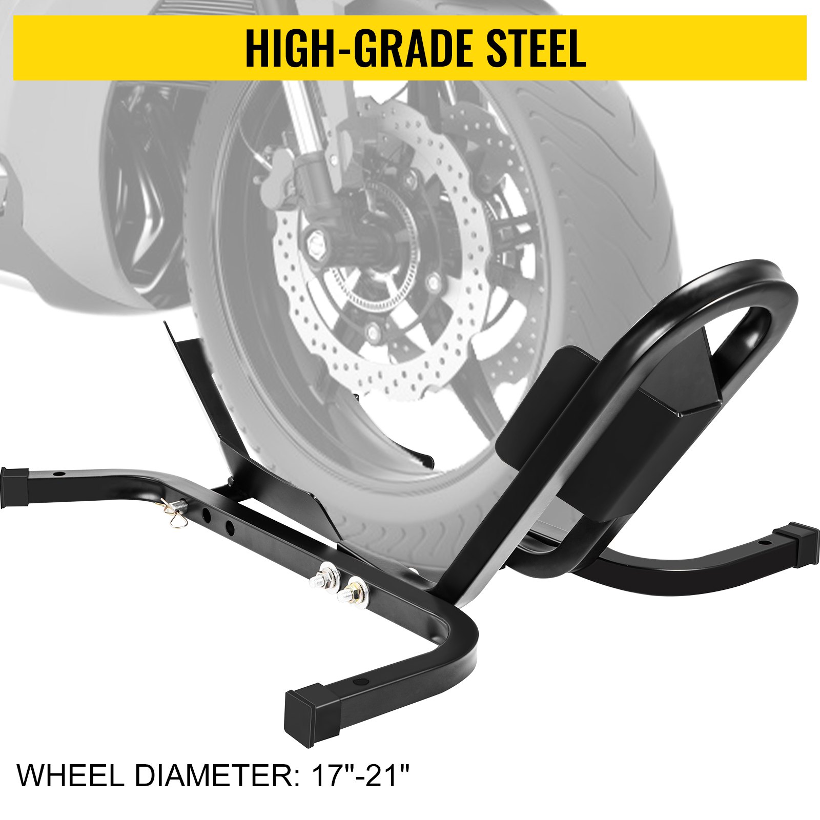 Calzo para llanta delantera de motocicleta VEVOR, soporte para rueda resistente de 1200 lbs, calzo delantero para motocicleta negra para ruedas de 17 a 21 pulgadas, soporte para remolque de acero de alta calidad, con tubo cuadrado estable y orificios ajustables