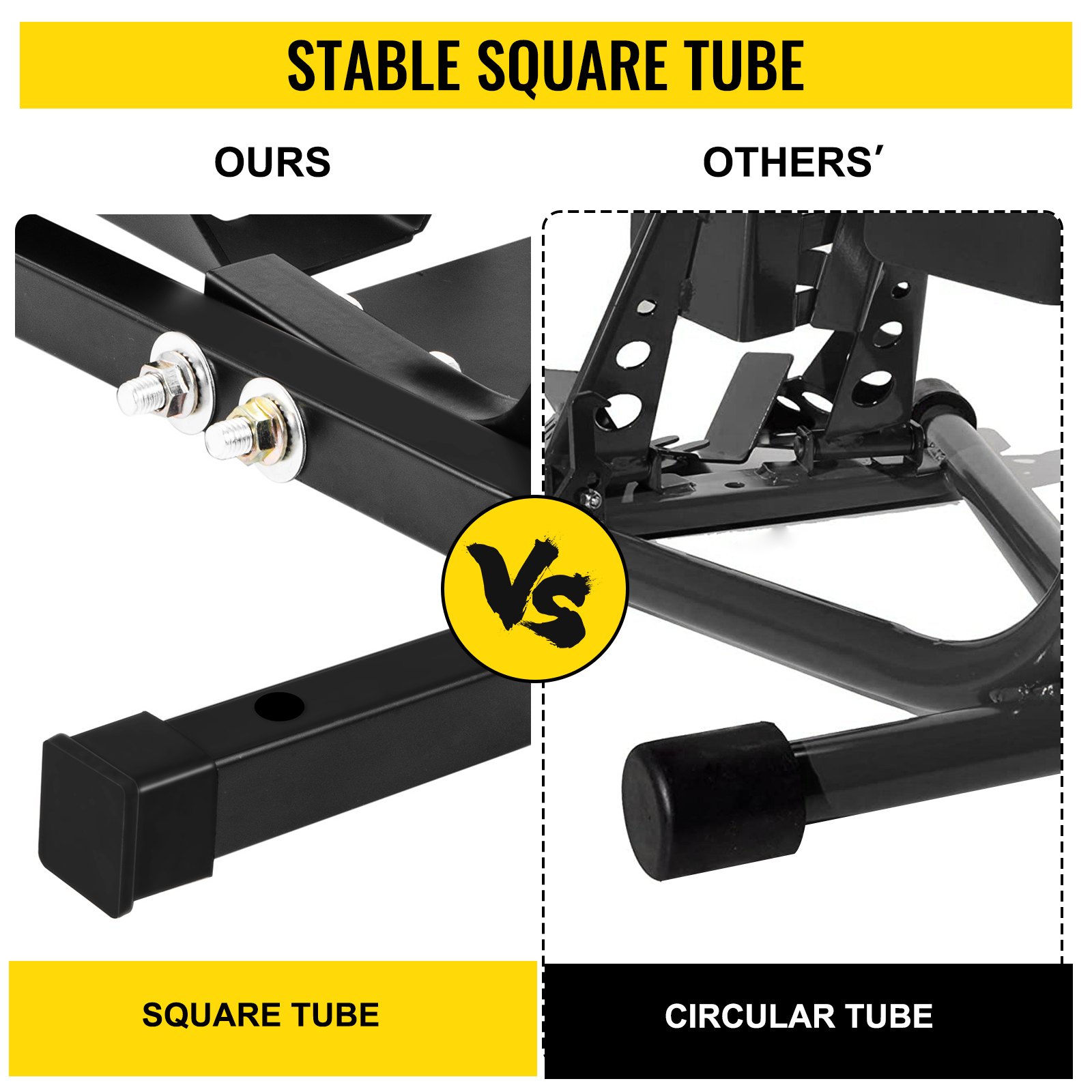 Calzo para llanta delantera de motocicleta VEVOR, soporte para rueda resistente de 1200 lbs, calzo delantero para motocicleta negra para ruedas de 17 a 21 pulgadas, soporte para remolque de acero de alta calidad, con tubo cuadrado estable y orificios ajustables