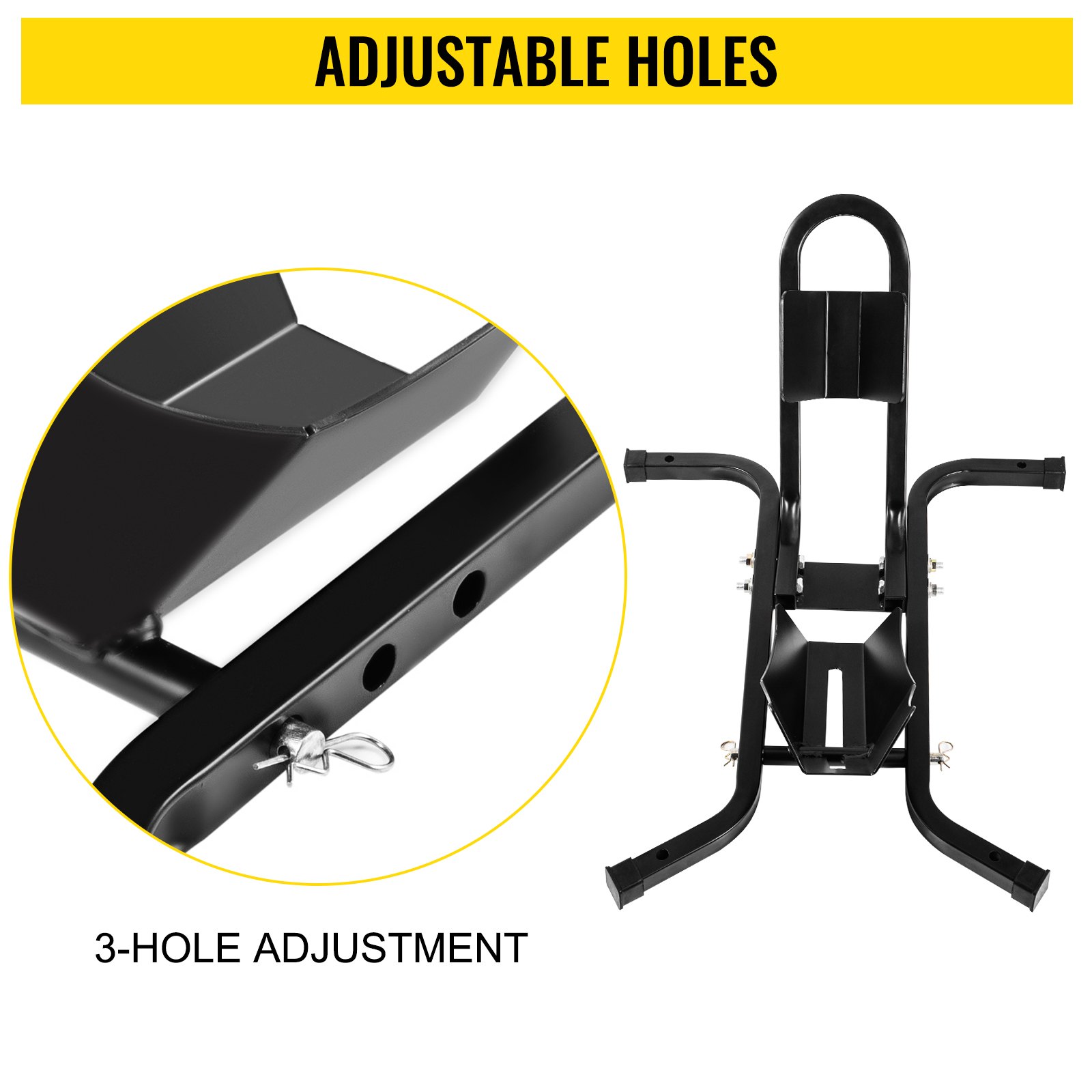 Calzo para llanta delantera de motocicleta VEVOR, soporte para rueda resistente de 1200 lbs, calzo delantero para motocicleta negra para ruedas de 17 a 21 pulgadas, soporte para remolque de acero de alta calidad, con tubo cuadrado estable y orificios ajustables