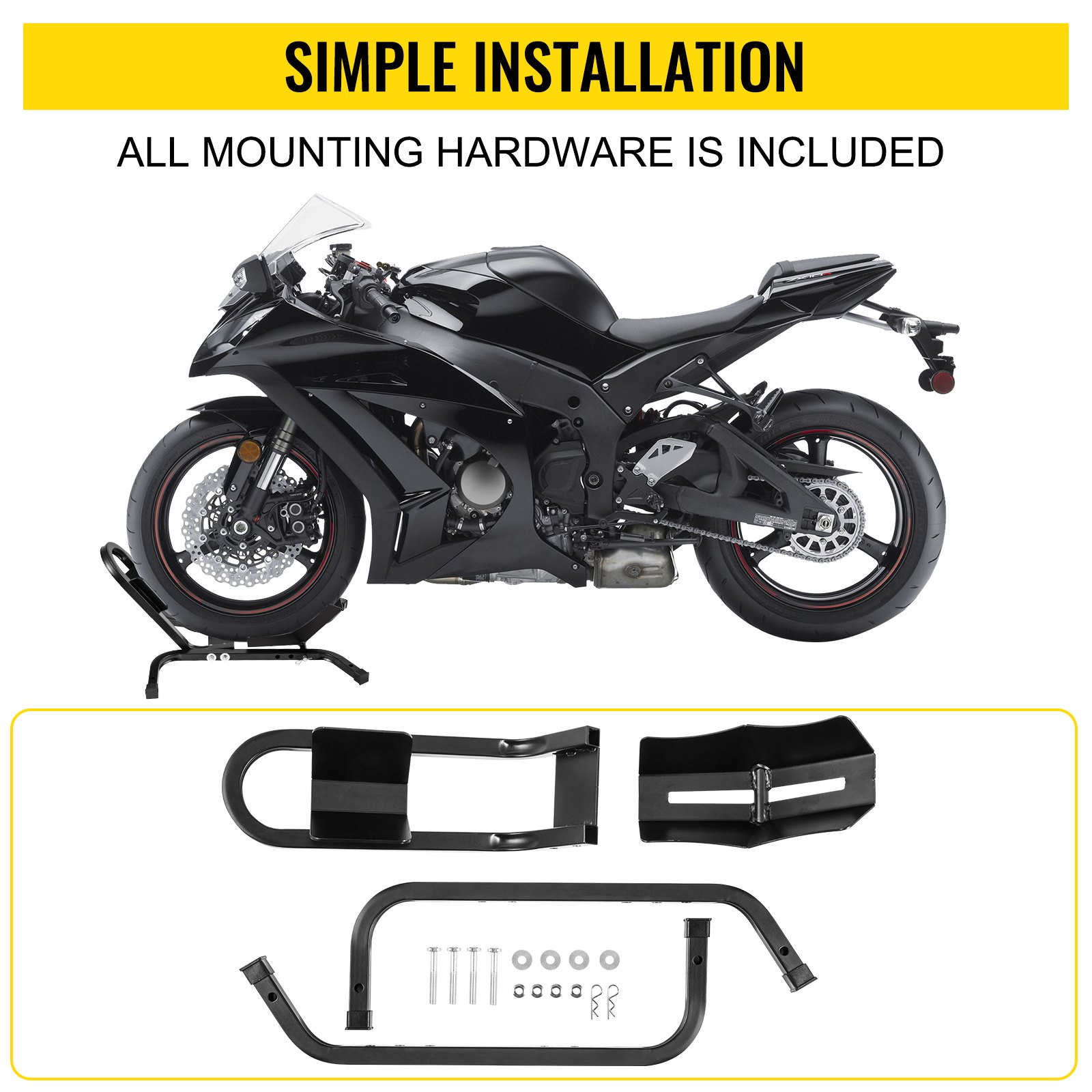 Calzo para llanta delantera de motocicleta VEVOR, soporte para rueda resistente de 1200 lbs, calzo delantero para motocicleta negra para ruedas de 17 a 21 pulgadas, soporte para remolque de acero de alta calidad, con tubo cuadrado estable y orificios ajustables