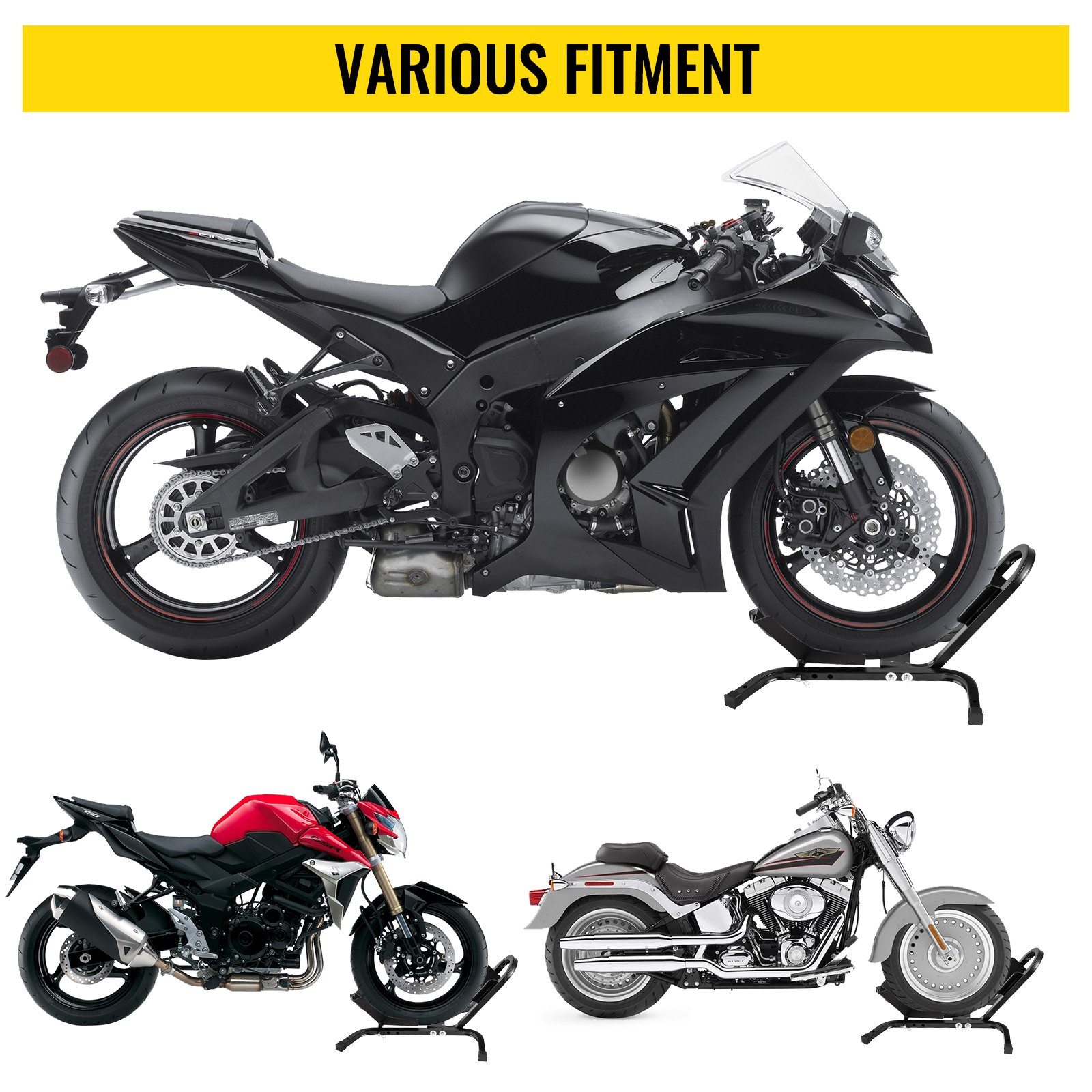 Calzo para llanta delantera de motocicleta VEVOR, soporte para rueda resistente de 1200 lbs, calzo delantero para motocicleta negra para ruedas de 17 a 21 pulgadas, soporte para remolque de acero de alta calidad, con tubo cuadrado estable y orificios ajustables
