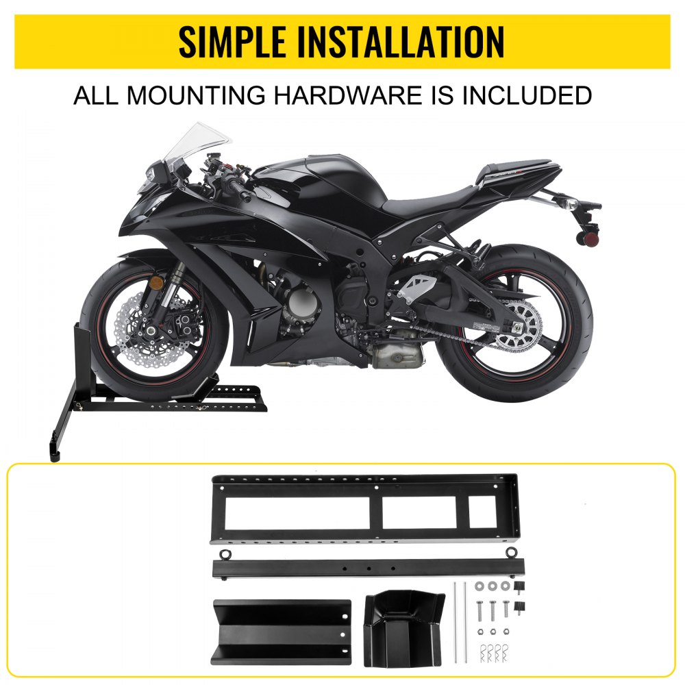 Calzo para llanta delantera de motocicleta VEVOR, soporte para rueda resistente de 1800 lbs, calzo delantero para motocicleta vertical negro para ruedas de 15 a 22 pulgadas, soporte para remolque de acero de alta calidad, con tubos estables y orificios ajustables