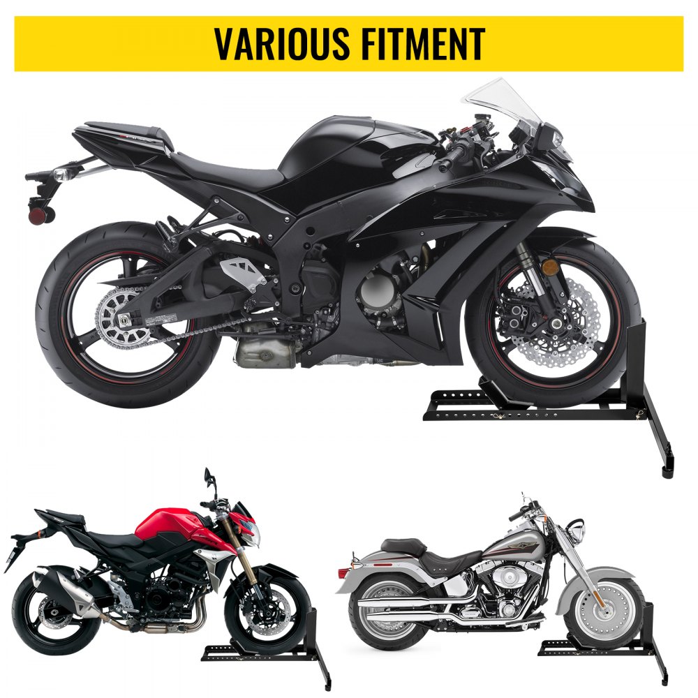 Calzo para llanta delantera de motocicleta VEVOR, soporte para rueda resistente de 1800 lbs, calzo delantero para motocicleta vertical negro para ruedas de 15 a 22 pulgadas, soporte para remolque de acero de alta calidad, con tubos estables y orificios ajustables
