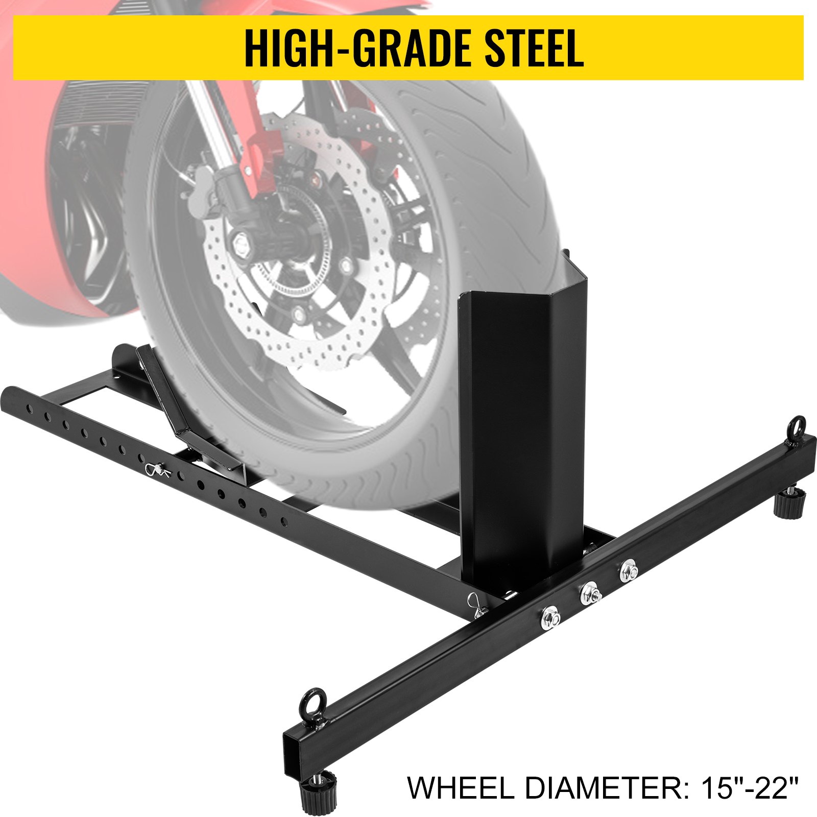 Calzo para llanta delantera de motocicleta VEVOR, soporte para rueda resistente de 1800 lbs, calzo delantero para motocicleta vertical negro para ruedas de 15 a 22 pulgadas, soporte para remolque de acero de alta calidad, con tubos estables y orificios ajustables