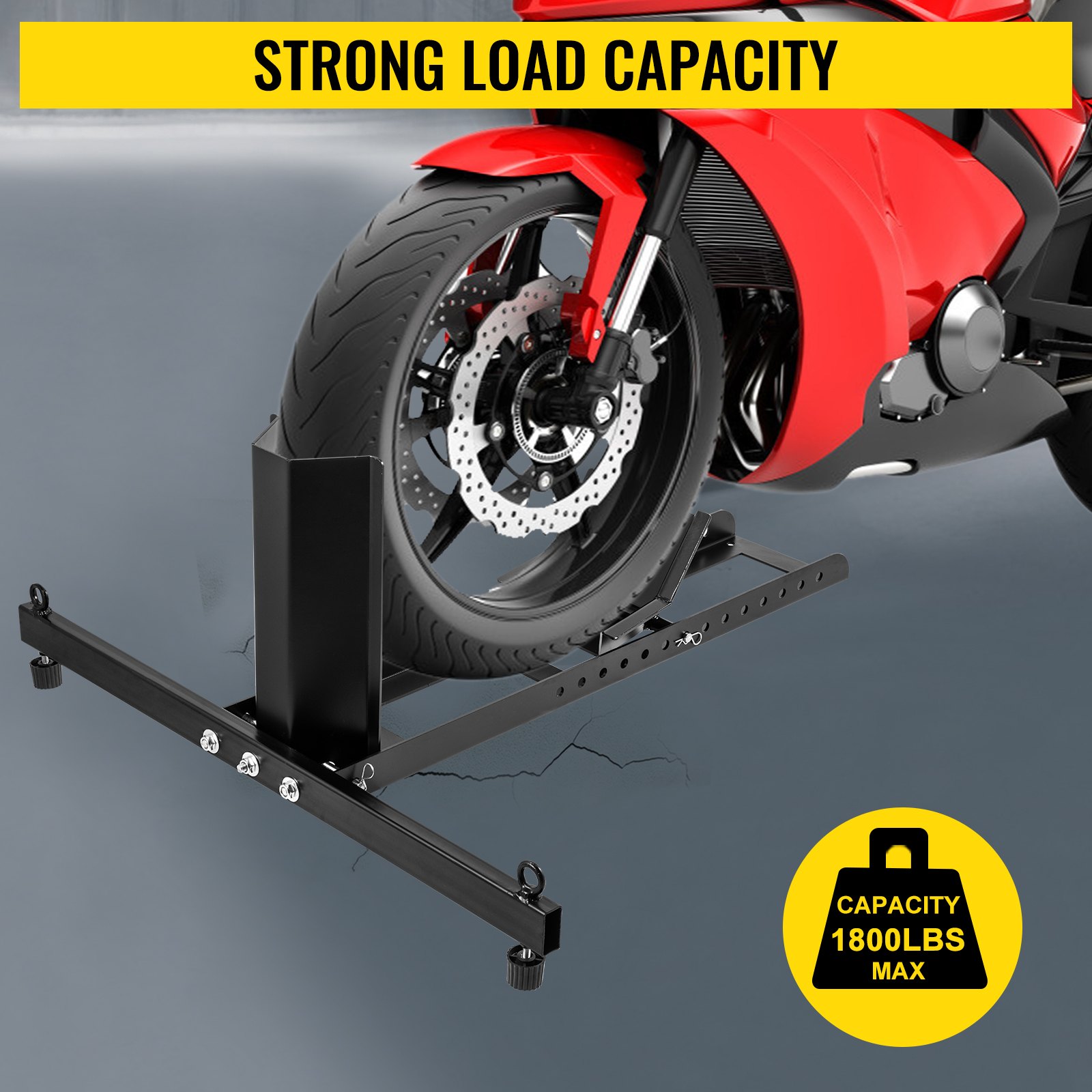 Calzo para llanta delantera de motocicleta VEVOR, soporte para rueda resistente de 1800 lbs, calzo delantero para motocicleta vertical negro para ruedas de 15 a 22 pulgadas, soporte para remolque de acero de alta calidad, con tubos estables y orificios ajustables