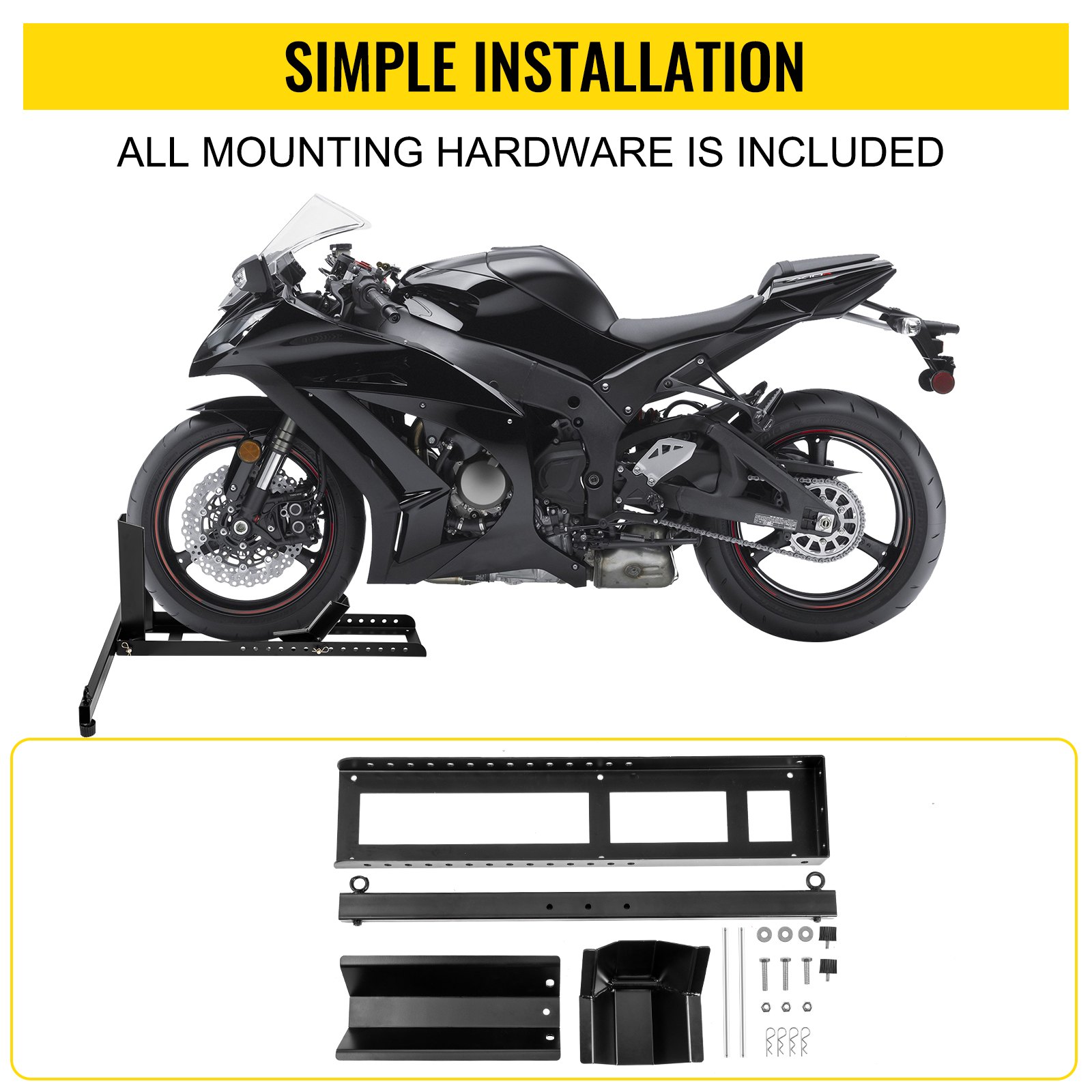 Calzo para llanta delantera de motocicleta VEVOR, soporte para rueda resistente de 1800 lbs, calzo delantero para motocicleta vertical negro para ruedas de 15 a 22 pulgadas, soporte para remolque de acero de alta calidad, con tubos estables y orificios ajustables