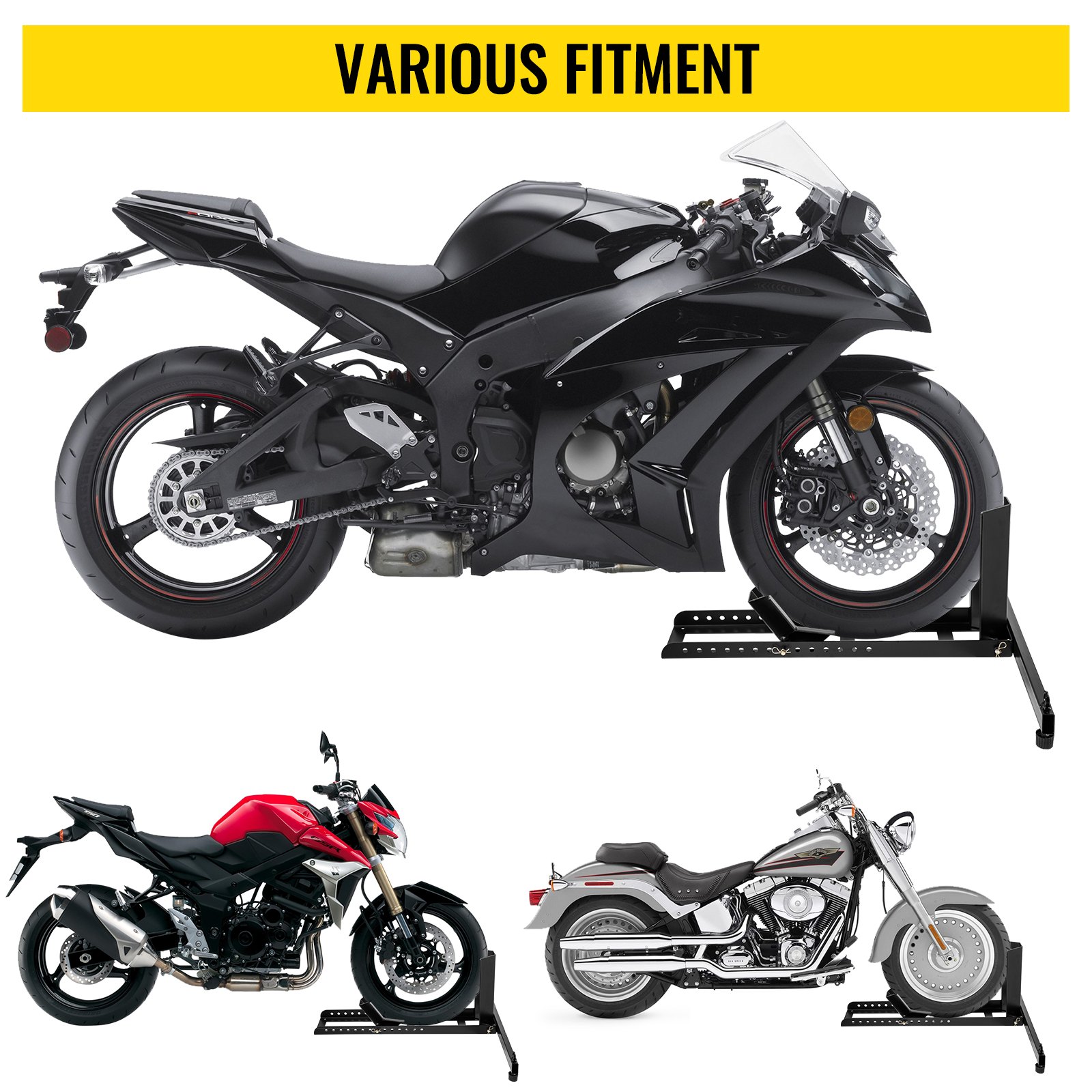 Calzo para llanta delantera de motocicleta VEVOR, soporte para rueda resistente de 1800 lbs, calzo delantero para motocicleta vertical negro para ruedas de 15 a 22 pulgadas, soporte para remolque de acero de alta calidad, con tubos estables y orificios ajustables