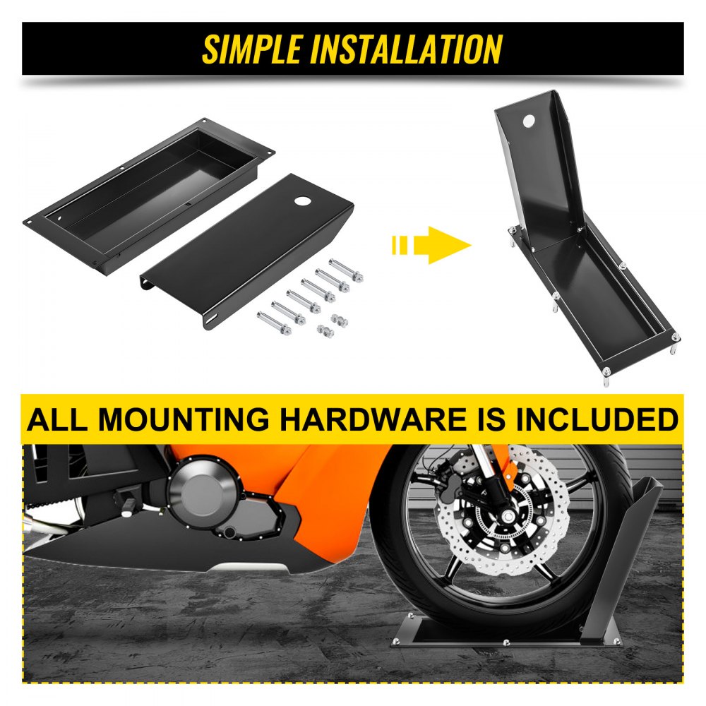 VEVOR - Calzo delantero empotrado para rueda de motocicleta, soporte de rueda resistente de 1500 libras, para ruedas de 24 pulgadas, soporte de remolque de acero de alta calidad, con diseño de ahorro de espacio y agujeros preperforados (grande-24 pulgadas)
