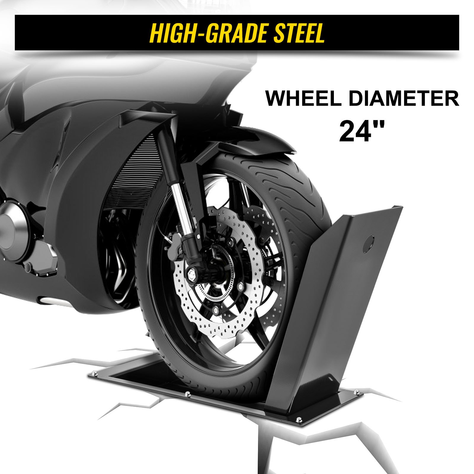 VEVOR - Calzo delantero empotrado para rueda de motocicleta, soporte de rueda resistente de 1500 libras, para ruedas de 24 pulgadas, soporte de remolque de acero de alta calidad, con diseño de ahorro de espacio y agujeros preperforados (grande-24 pulgadas)
