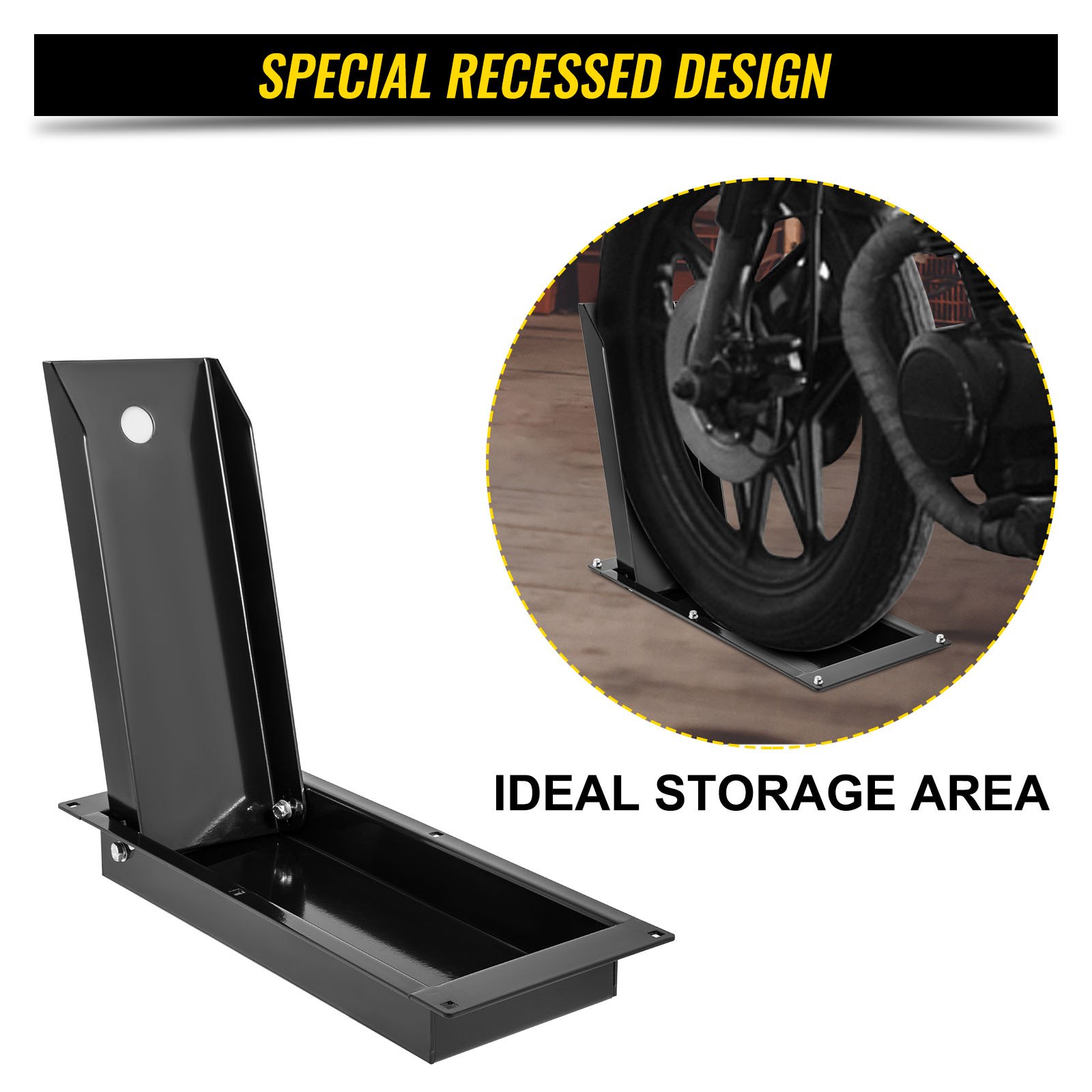 VEVOR - Calzo delantero empotrado para rueda de motocicleta, soporte de rueda resistente de 1500 libras, para ruedas de 24 pulgadas, soporte de remolque de acero de alta calidad, con diseño de ahorro de espacio y agujeros preperforados (grande-24 pulgadas)